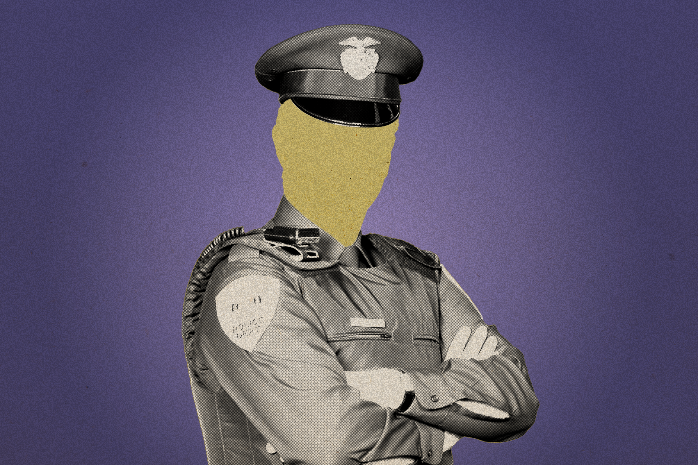 The image shows a police officer without a visible face, wearing a uniform and cap, with arms crossed, against a solid purple background.