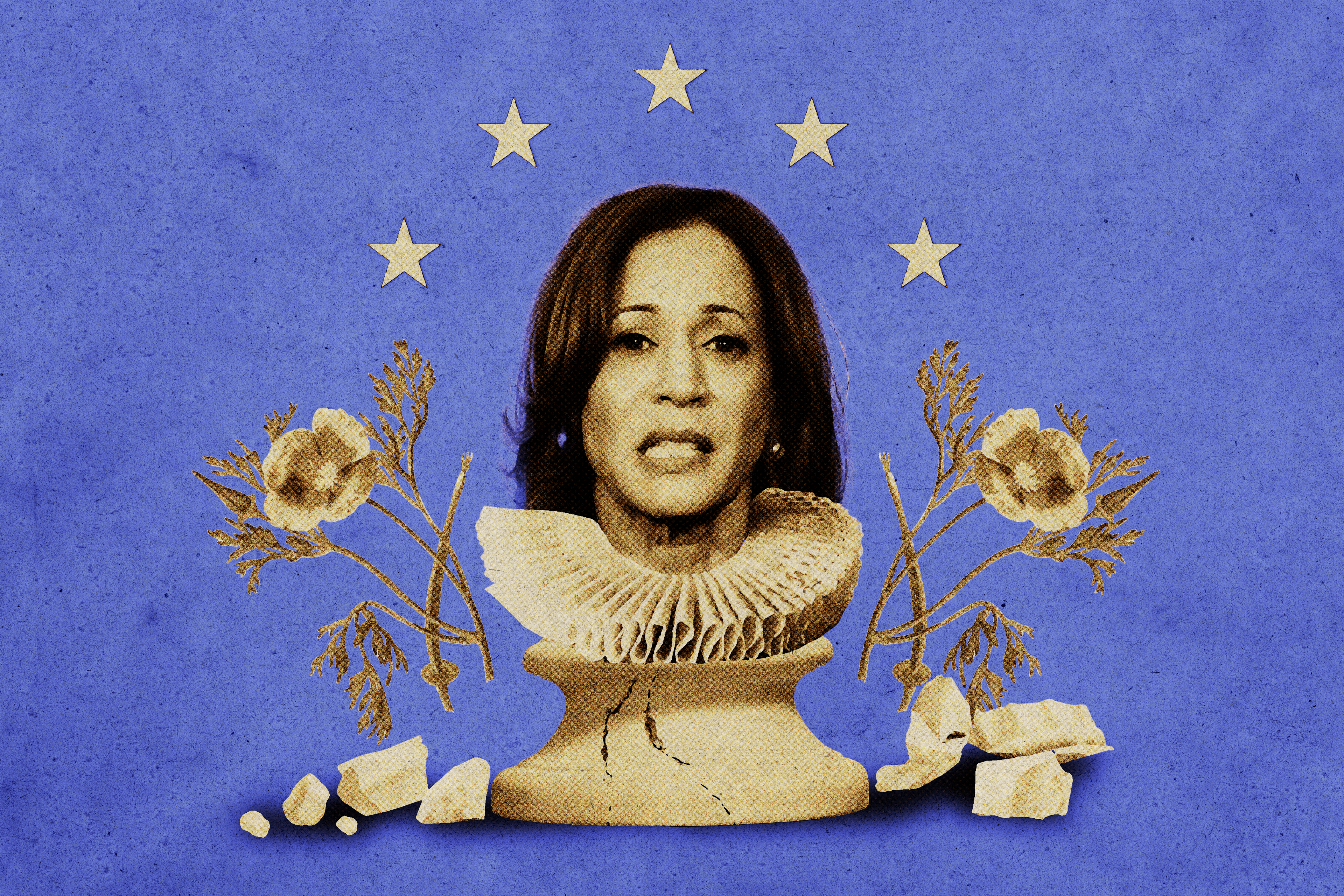 A woman’s head on a classical bust with a ruffled collar, surrounded by flowers and stars on a blue textured background, exuding an artistic and regal vibe.