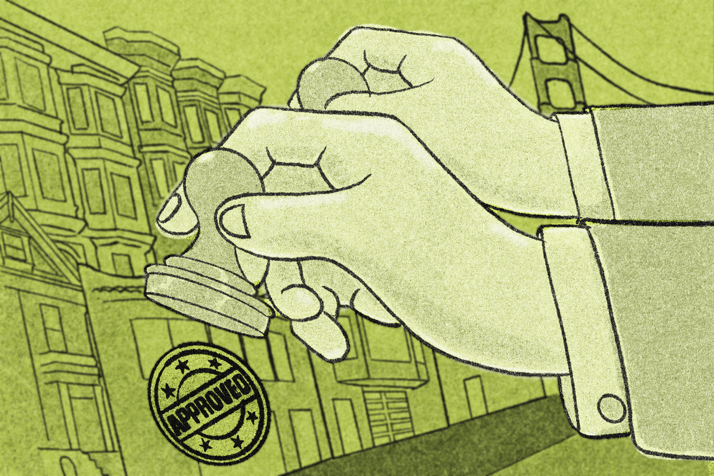 A hand stamps "APPROVED" on a green-toned illustration featuring classic Victorian houses and the outline of a bridge in the background.