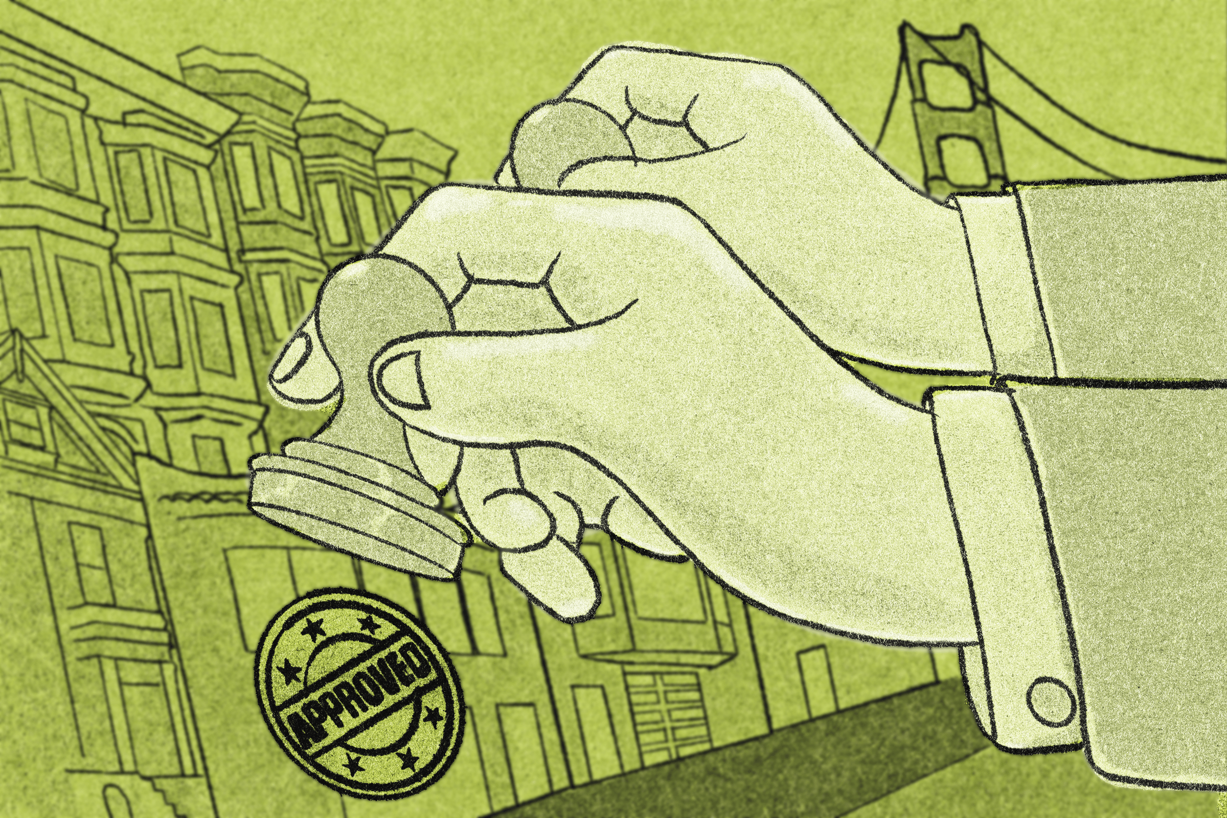 A hand stamps "APPROVED" on a green-toned illustration featuring classic Victorian houses and the outline of a bridge in the background.
