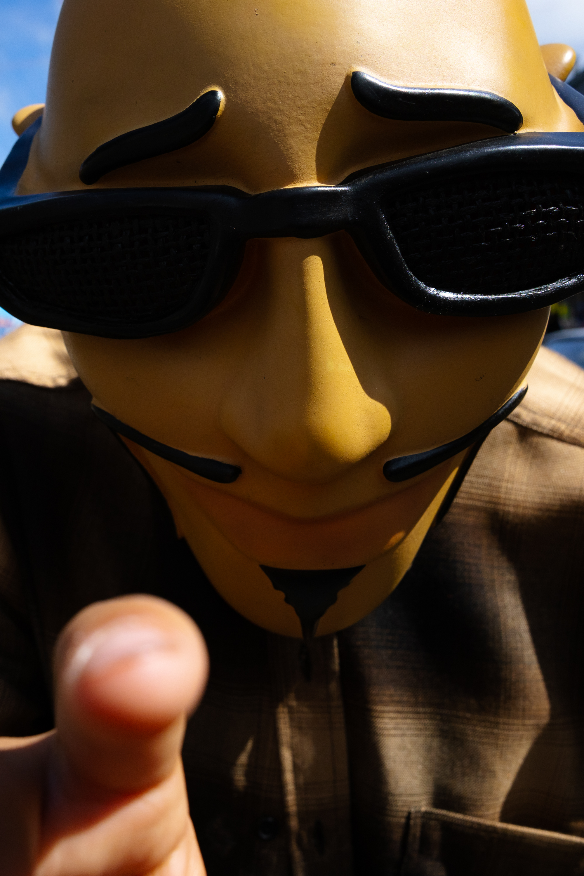 A person in a sculpted mask with sunglasses and a goatee points toward the camera. The mask has exaggerated features and the background is blurred.
