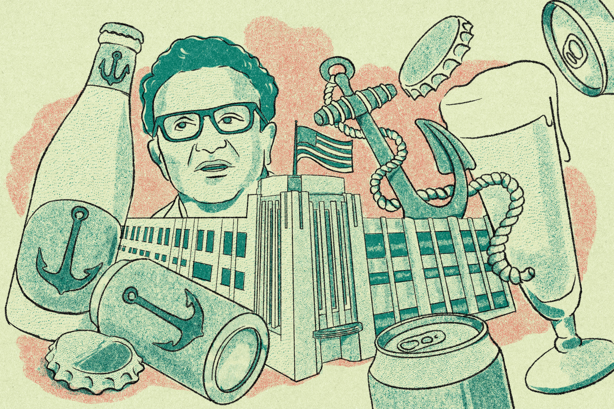 The image shows a sketch featuring a person with glasses, a building, an anchor, beer bottles, cans, and a glass, all with anchor motifs, set on a pastel background.