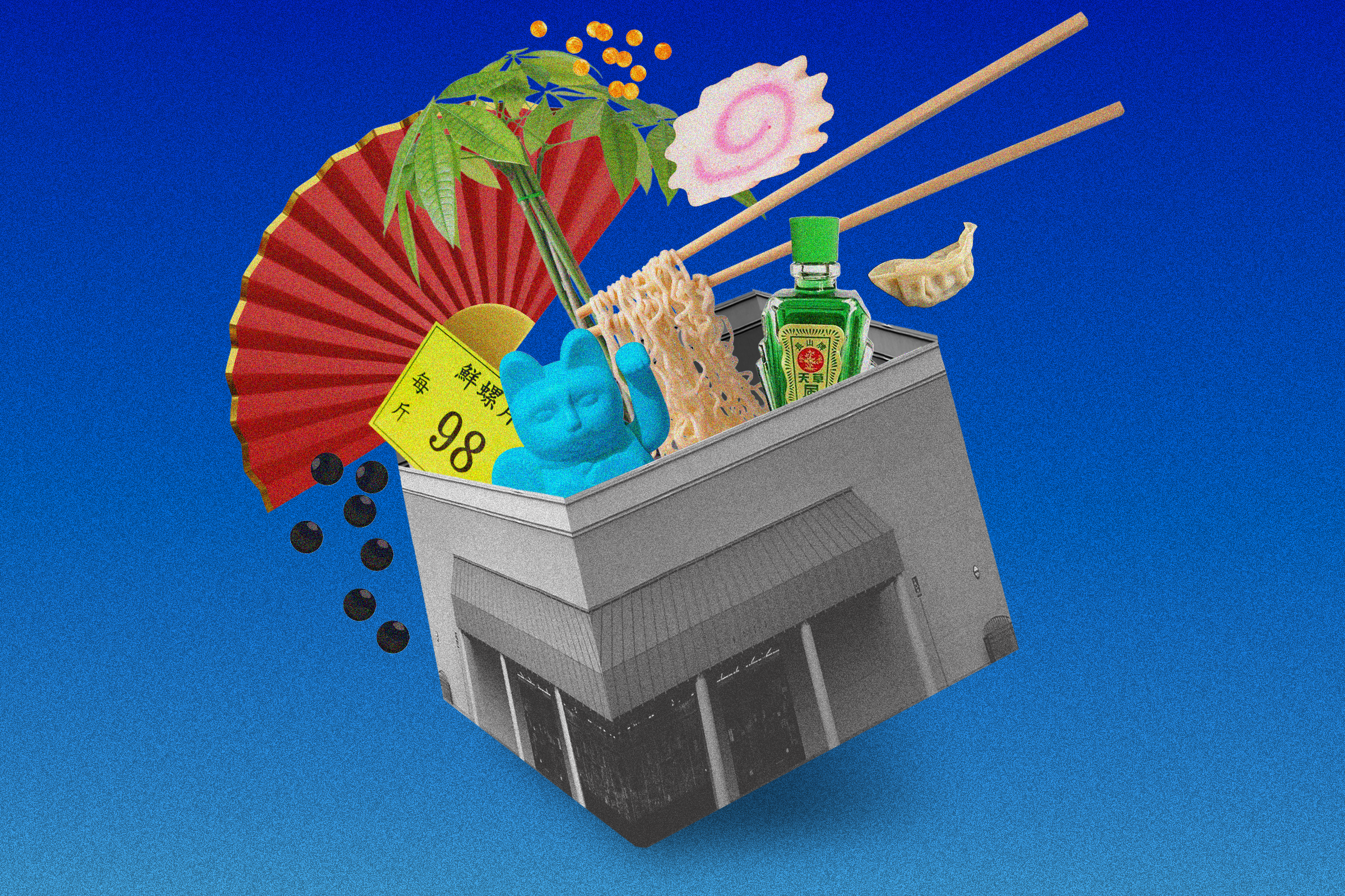 A building is overlaid with a red fan, a blue cat figurine, a liquor bottle, chopsticks with noodles, a dumpling, black beads, and a price tag, all on a blue background.