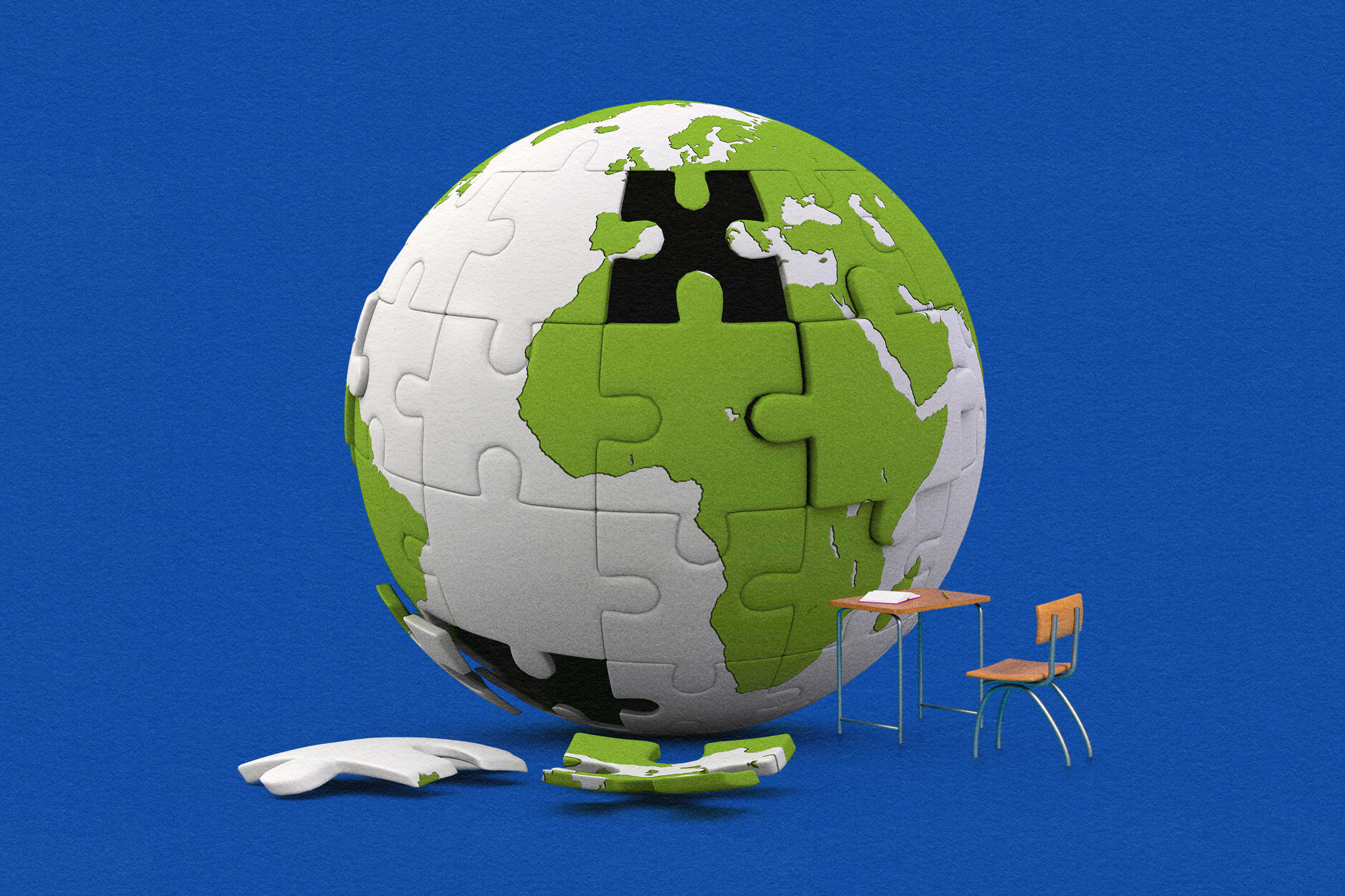 A photo illustration of a globe and classroom chair