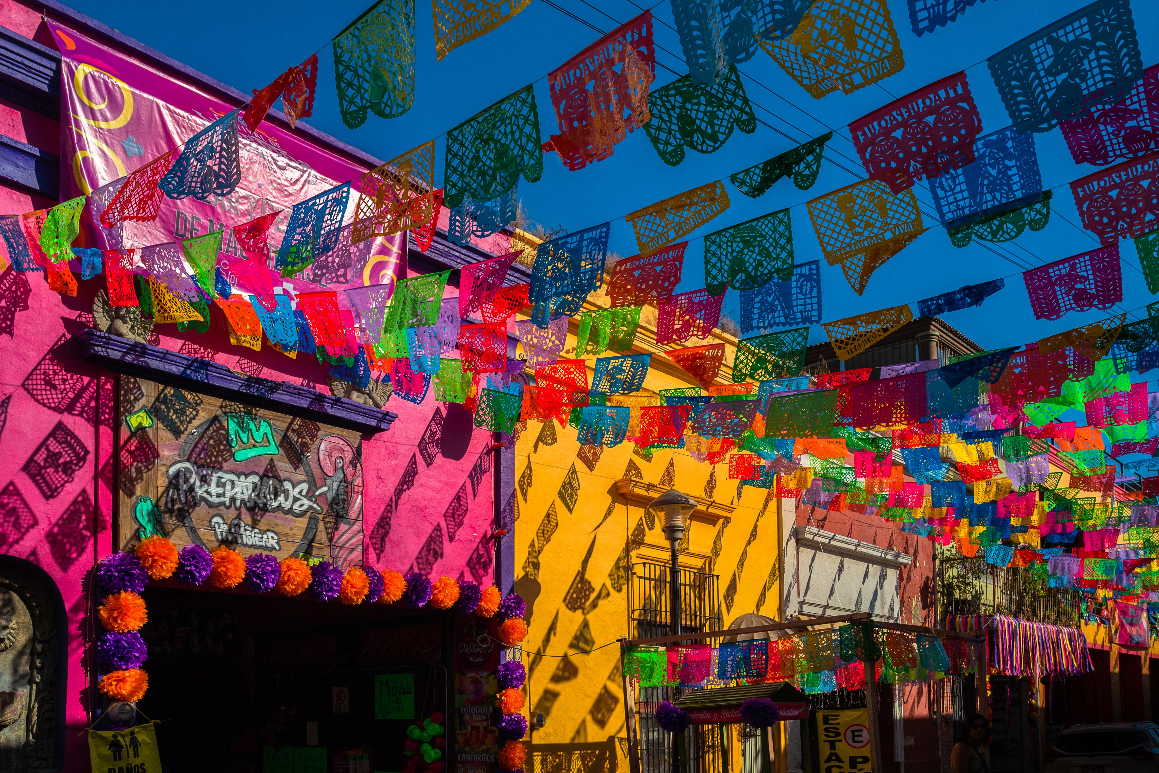 Brightly colored buildings are adorned with vibrant papel picado banners stretching across the street, casting intricate shadows and creating a festive atmosphere.