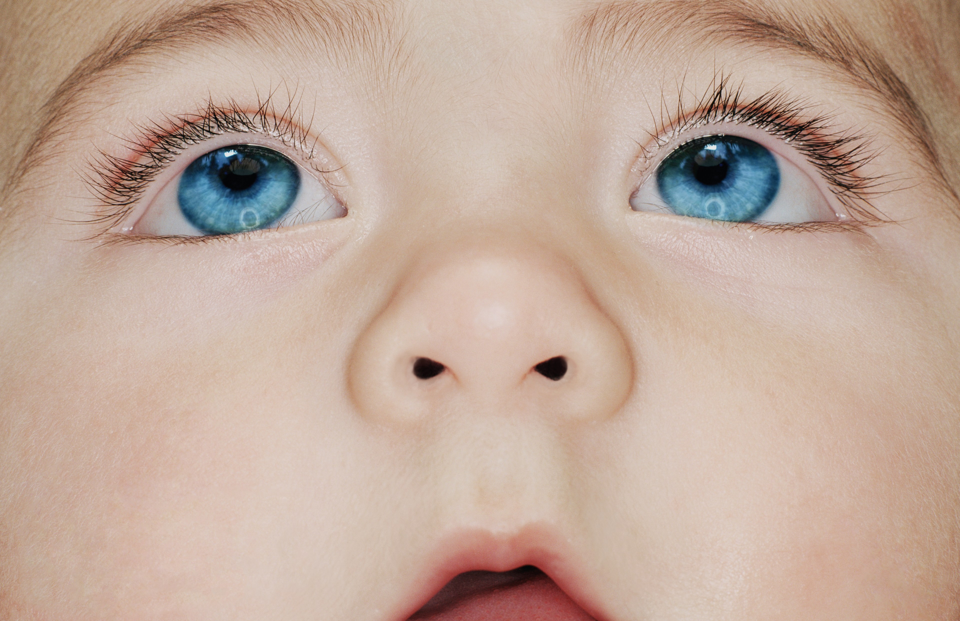 The image shows a close-up of a baby's face, focusing on their large, bright blue eyes, small nose, and soft skin.