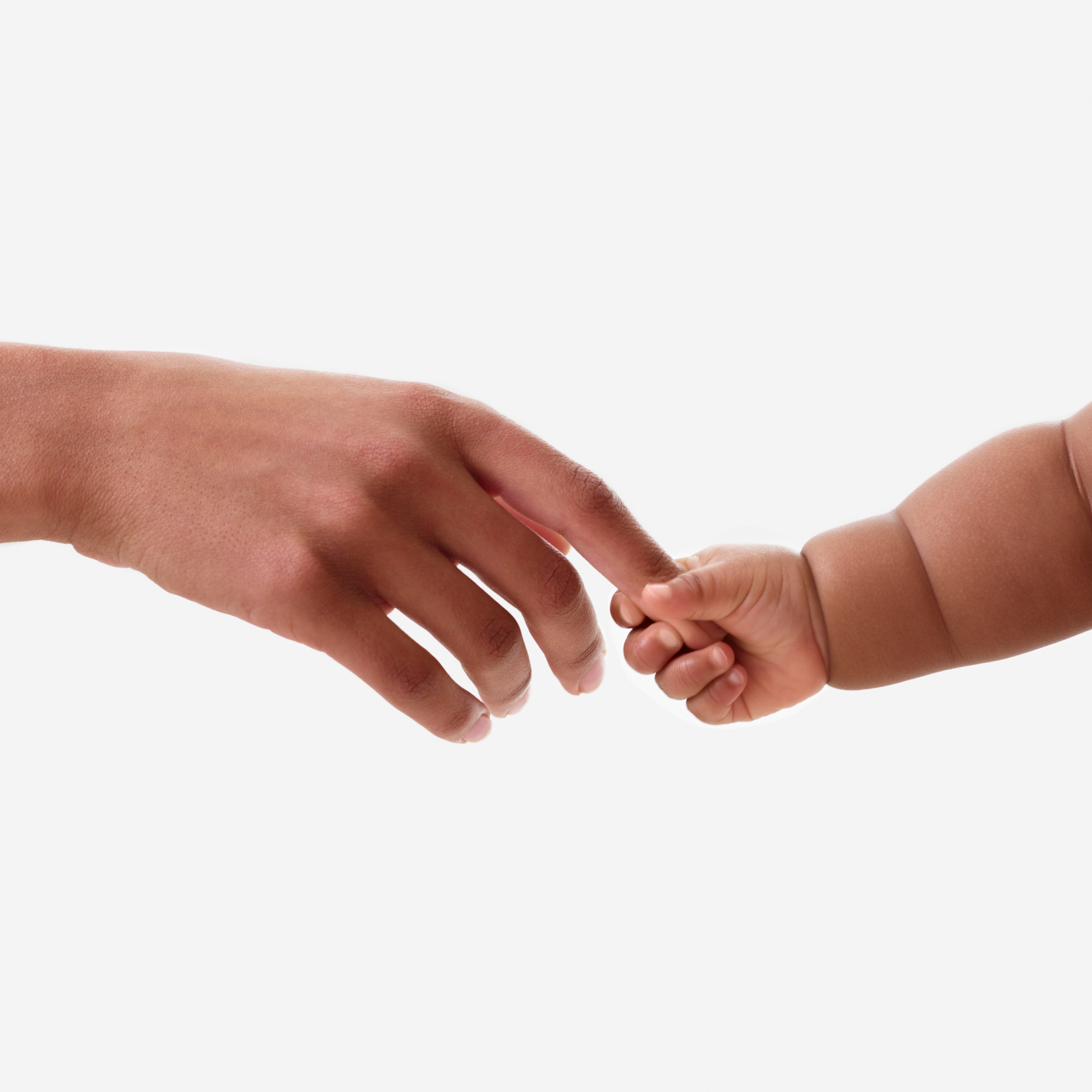 An adult's hand gently touches a baby's hand on a plain white background. The baby grasps the adult's finger, conveying a sense of connection and care.