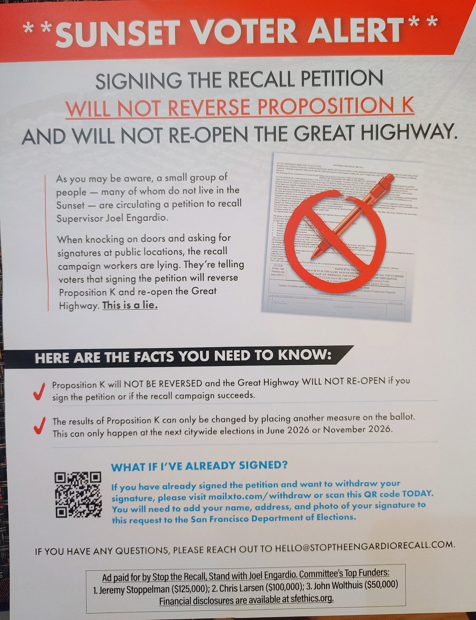 The image is a flyer warning against signing a recall petition, stating it won't reverse Proposition K or reopen the Great Highway. It includes contact information and refutes misinformation.