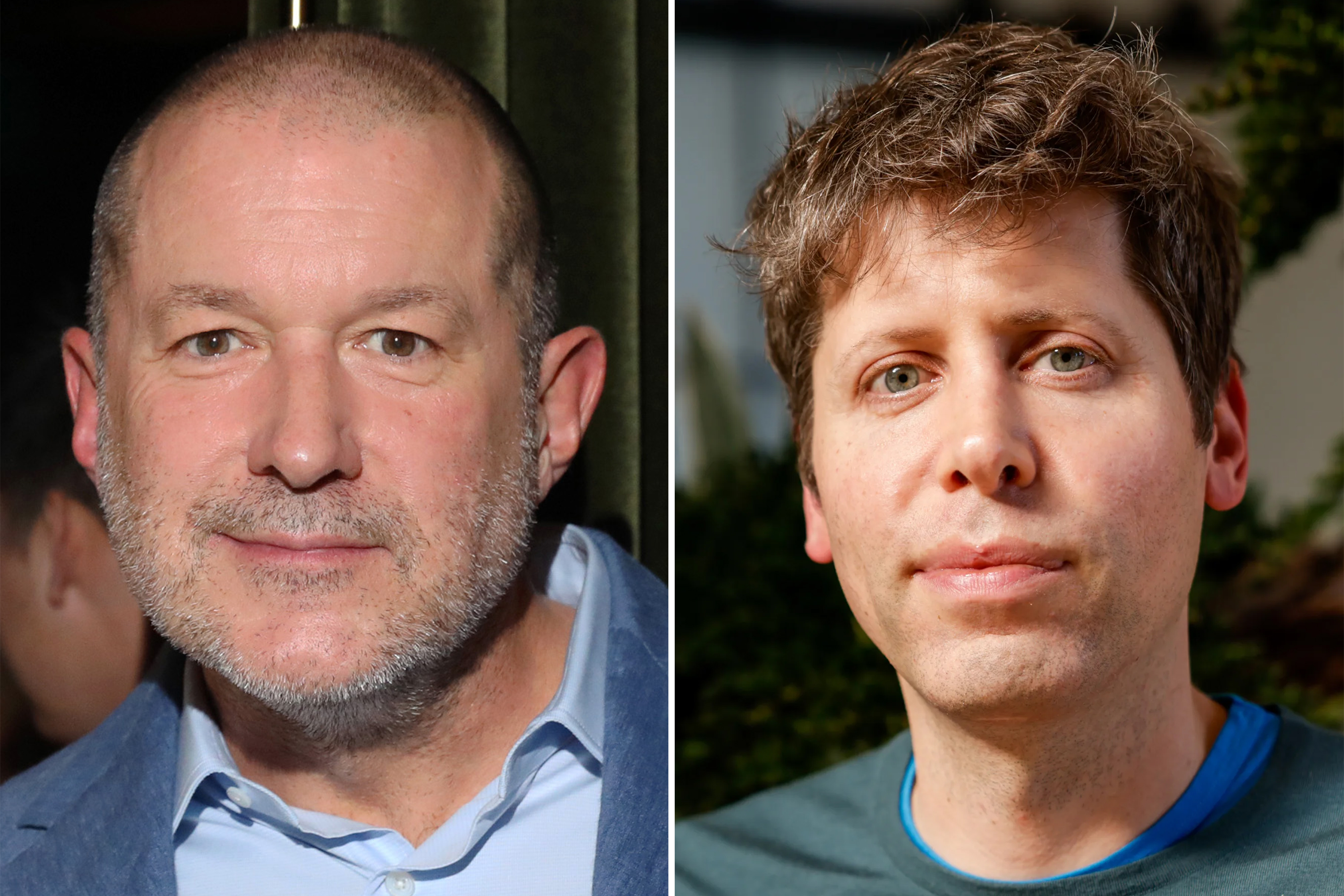 The image shows two men side by side. The man on the left has a shaved head and beard, wearing a light blue shirt and jacket. The man on the right has short brown hair and is wearing a blue T-shirt.
