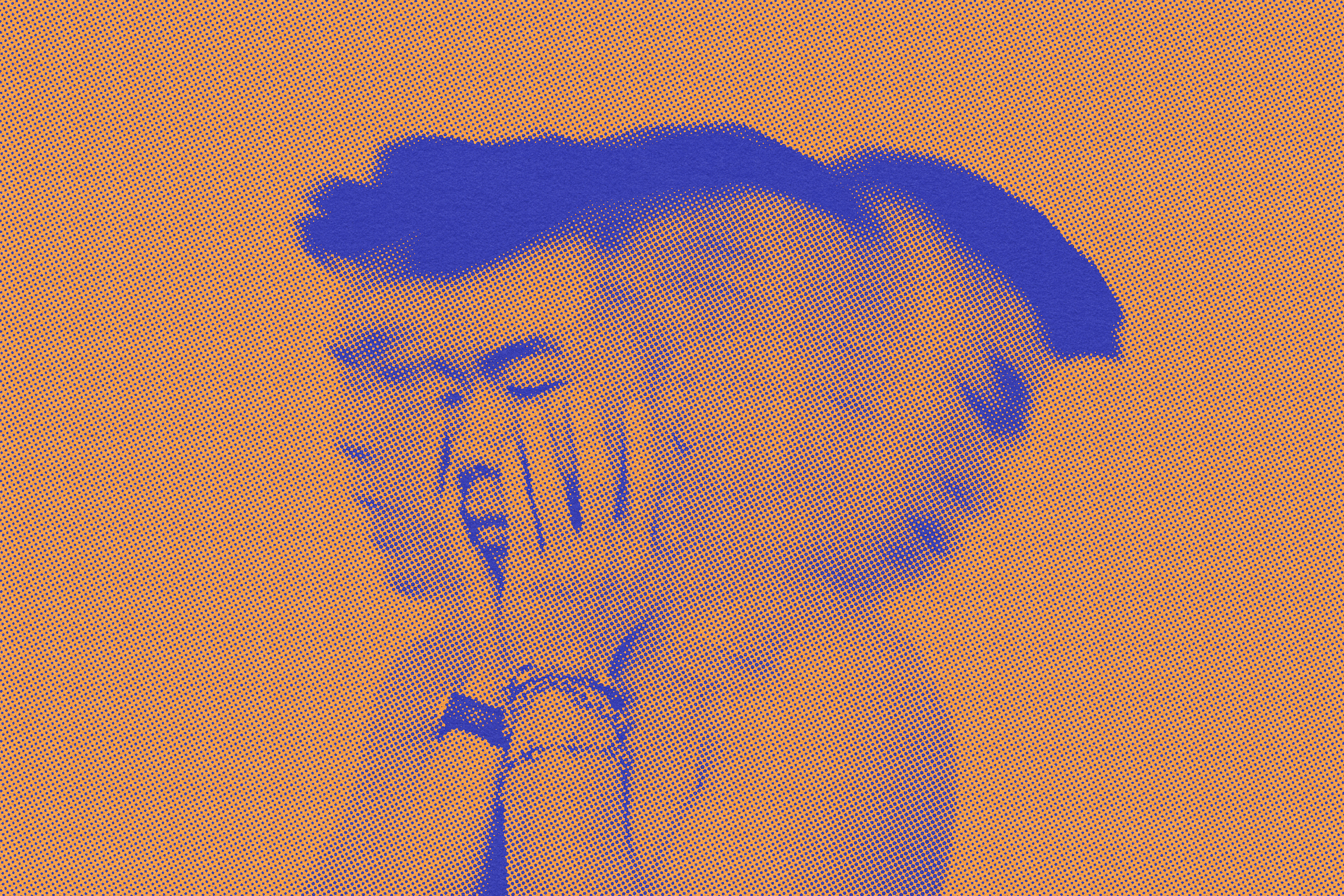 The image shows a person with blurred motion, hands covering their face, and hair flying. The color scheme is orange and blue, giving it a pop art feel.