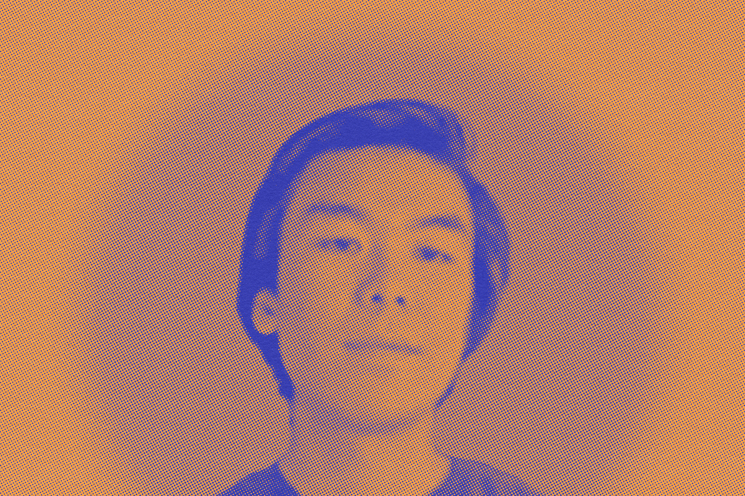 The image is a halftone portrait of a person with blue and orange tones, featuring their head and shoulders and a neutral expression.