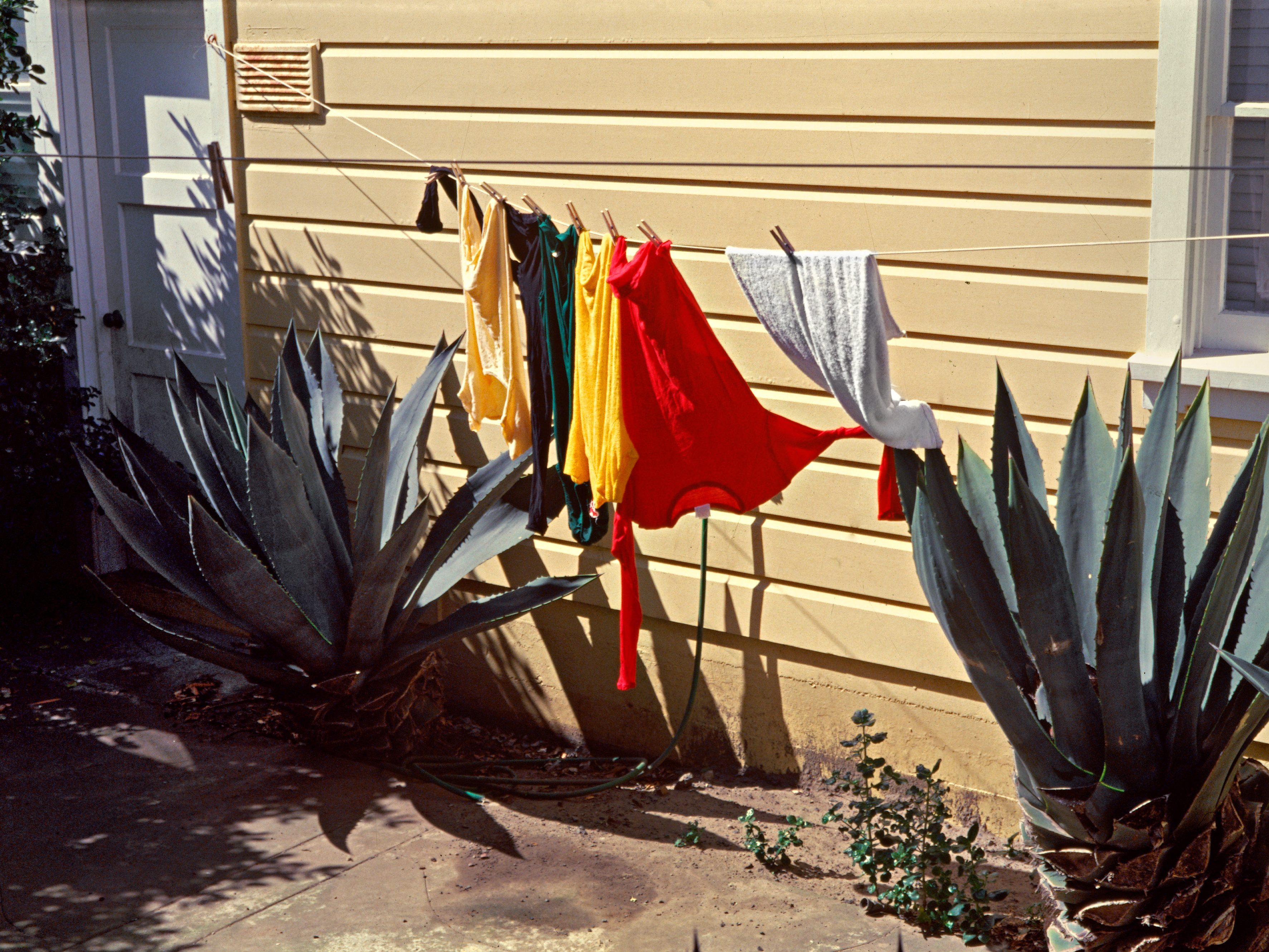 Clothes in vibrant colors hang on a line against a yellow wall, flanked by large, spiky agave plants, with sunlight casting shadows on the ground.