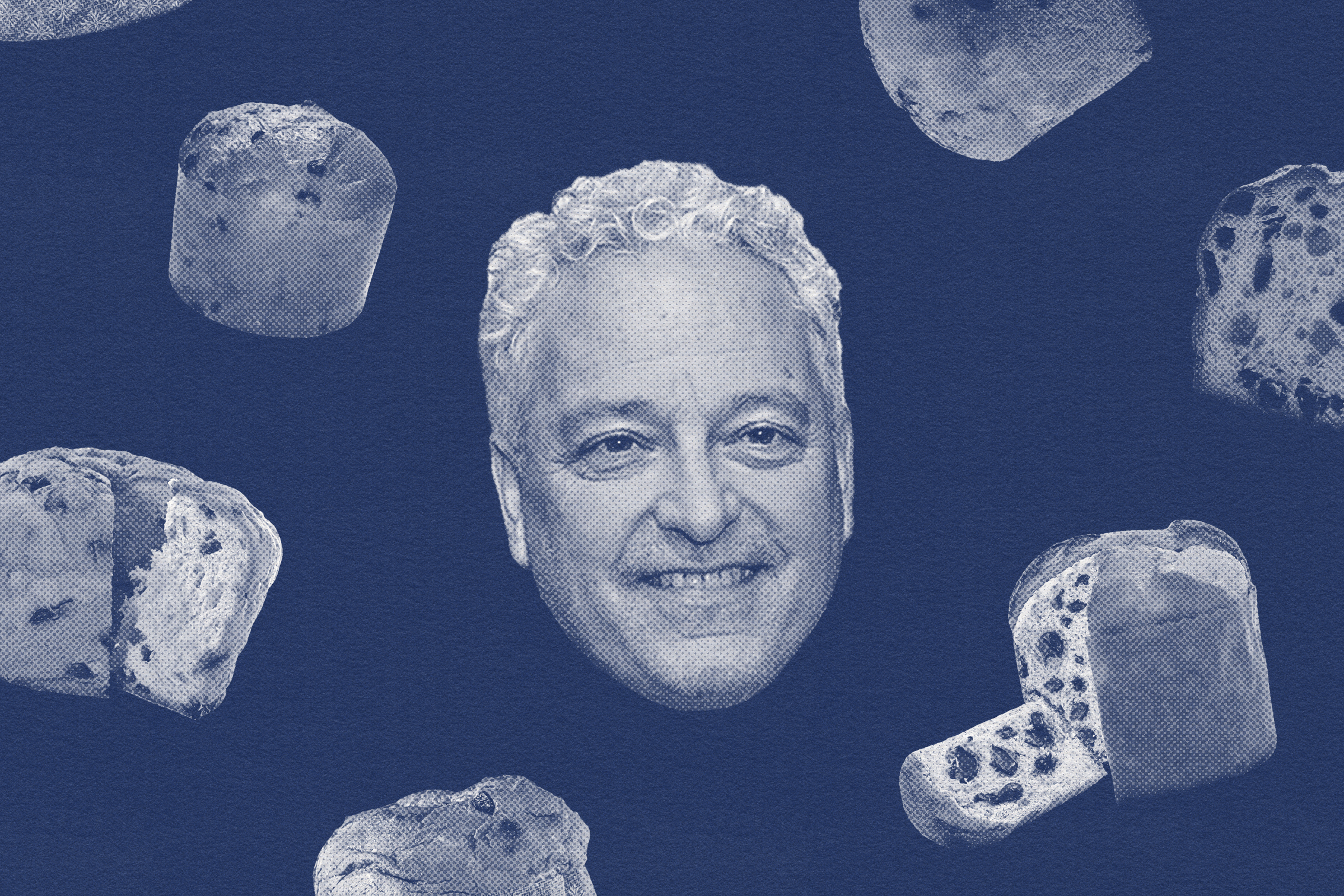 A man's smiling face is centered on a blue background, surrounded by various pieces of speckled bread or cake, creating a playful pattern.