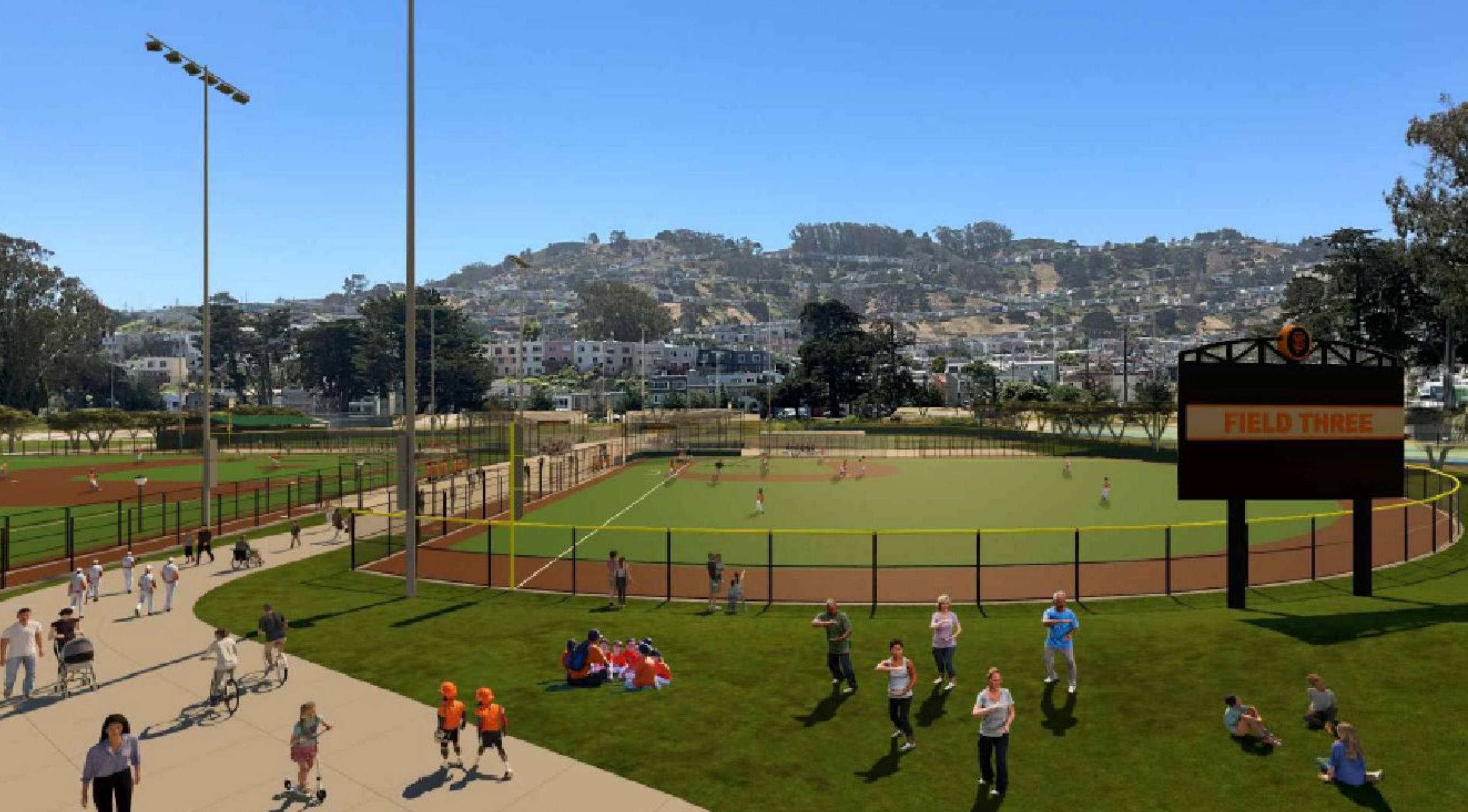 A computer rendering of a planned artificial turf baseball field.