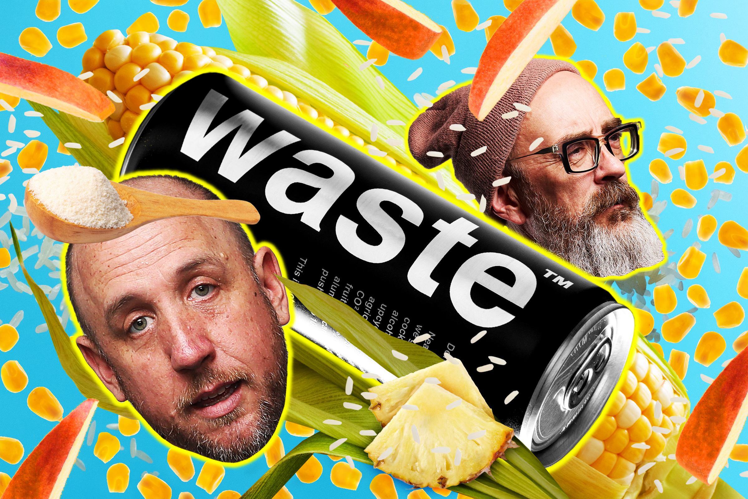The image features two men on each side of a tilted can labeled "waste," surrounded by corn cobs, rice, apple slices, and a spoon filled with powder.