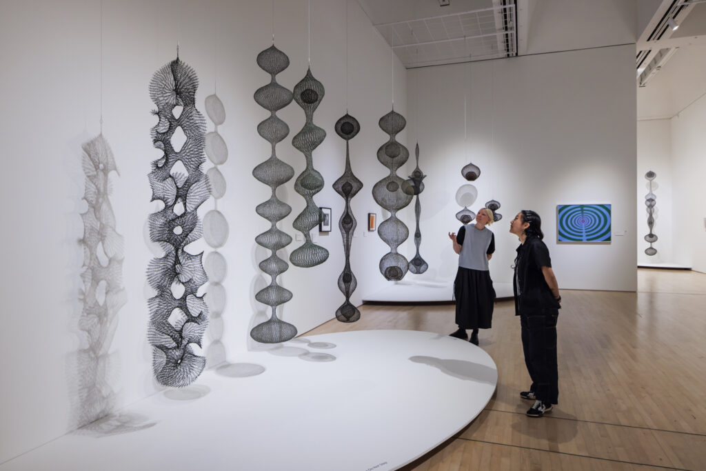 Two people observe hanging, intricate wire sculptures in an art gallery. The sculptures are organic, net-like forms, and a colorful painting is on the wall.