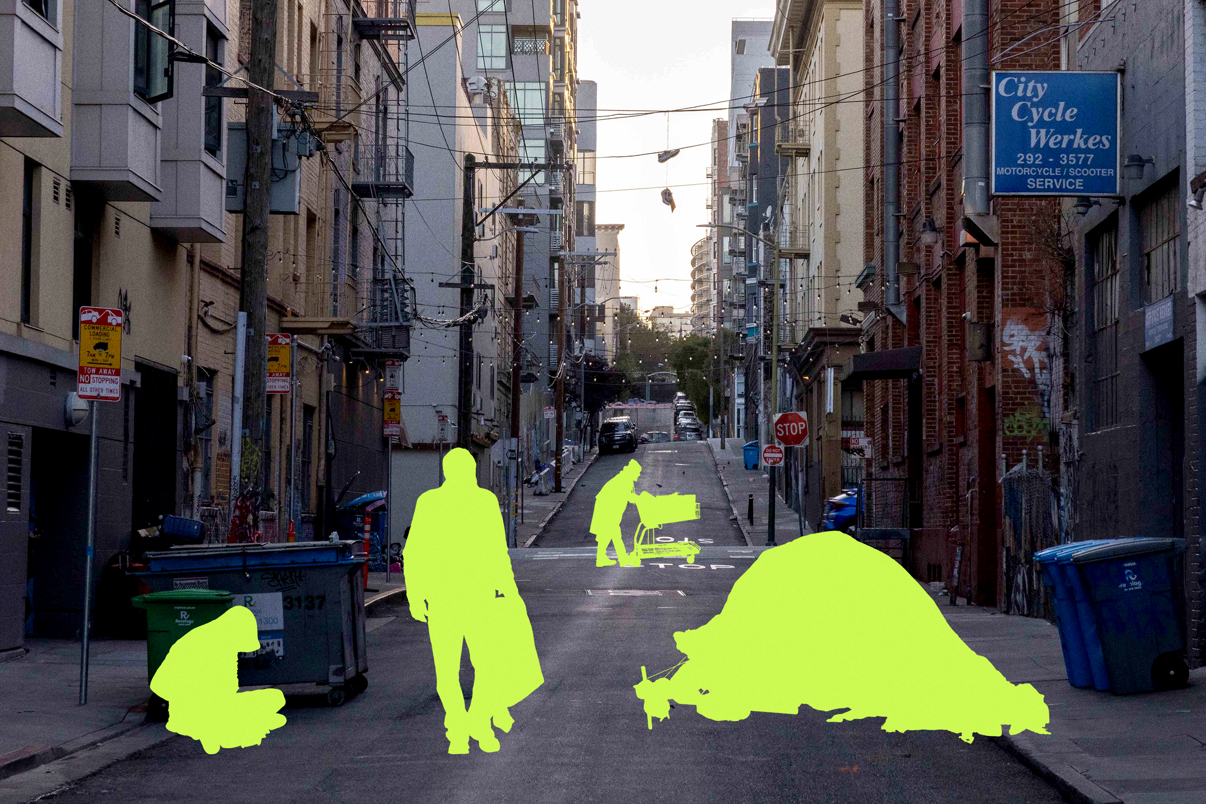 A photo illustration of an alley with outlines of people