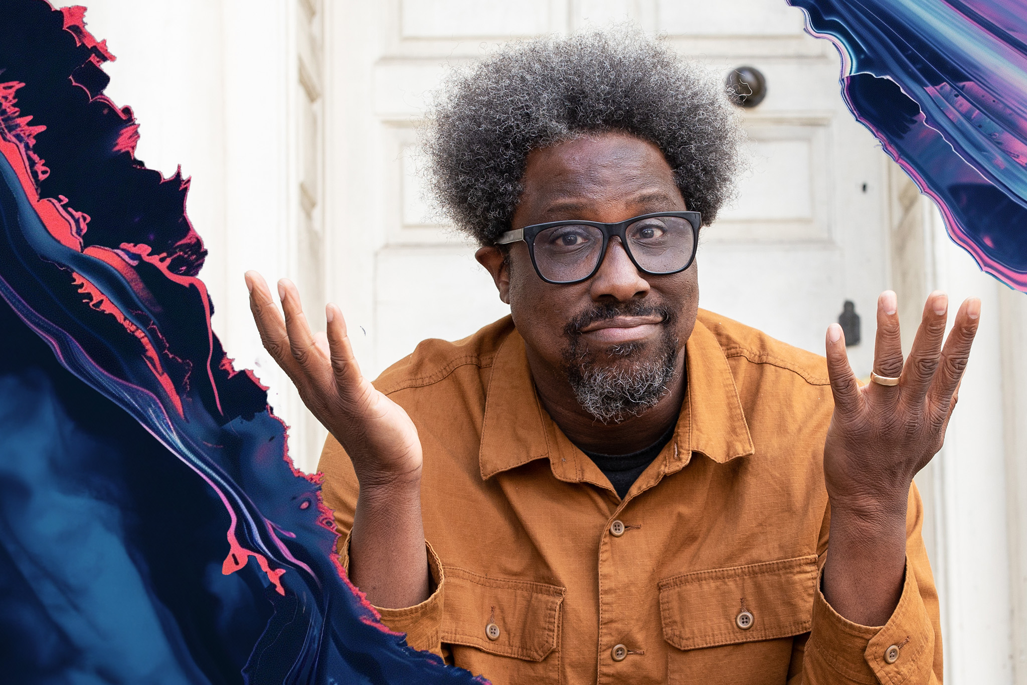A person with glasses and an afro is shrugging with palms up. They're wearing an orange shirt, standing in front of a white door with colorful abstract patterns.
