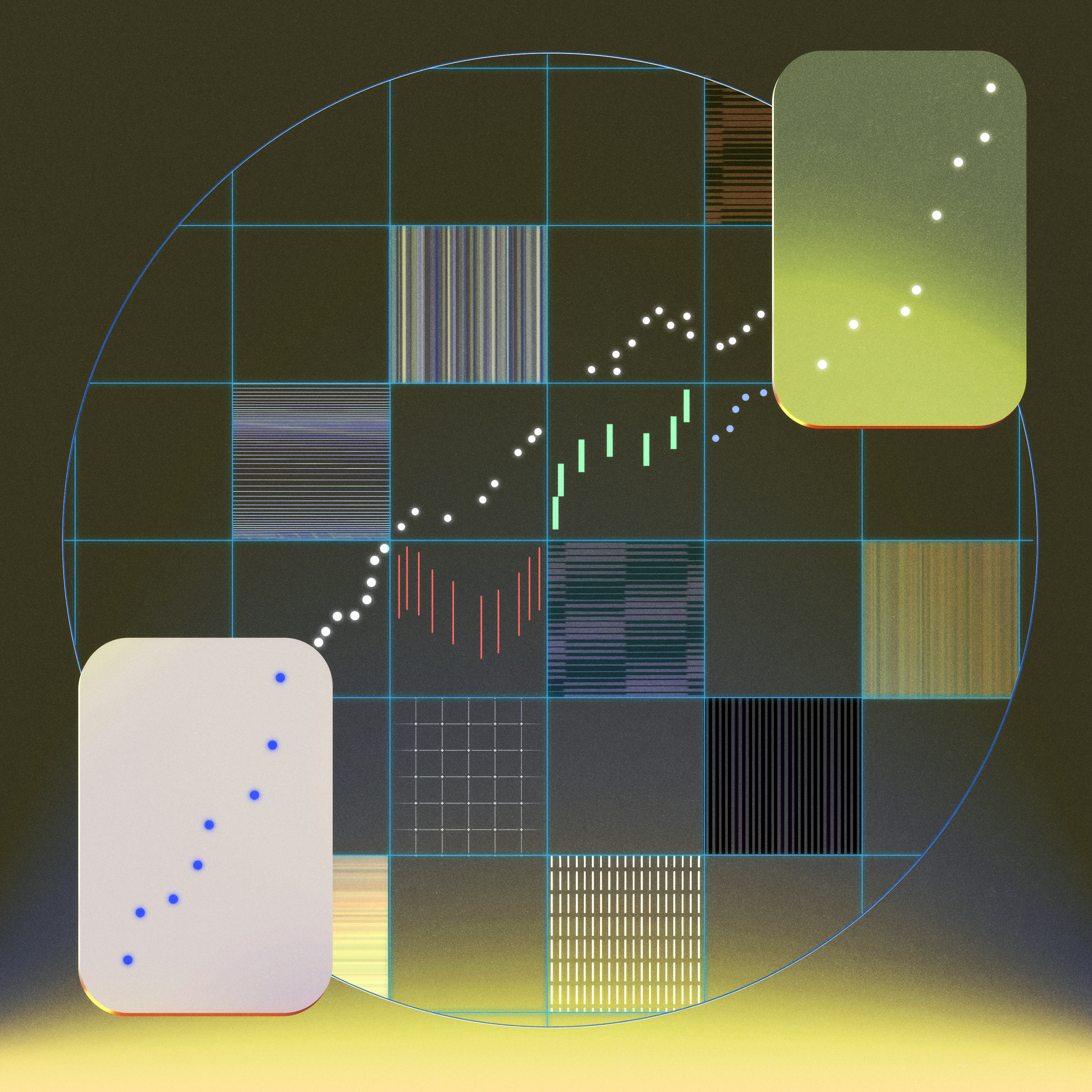 The image shows a grid of colorful patterns with a circular overlay, featuring dotted lines forming a graph. Two insets magnify sections of the graph.