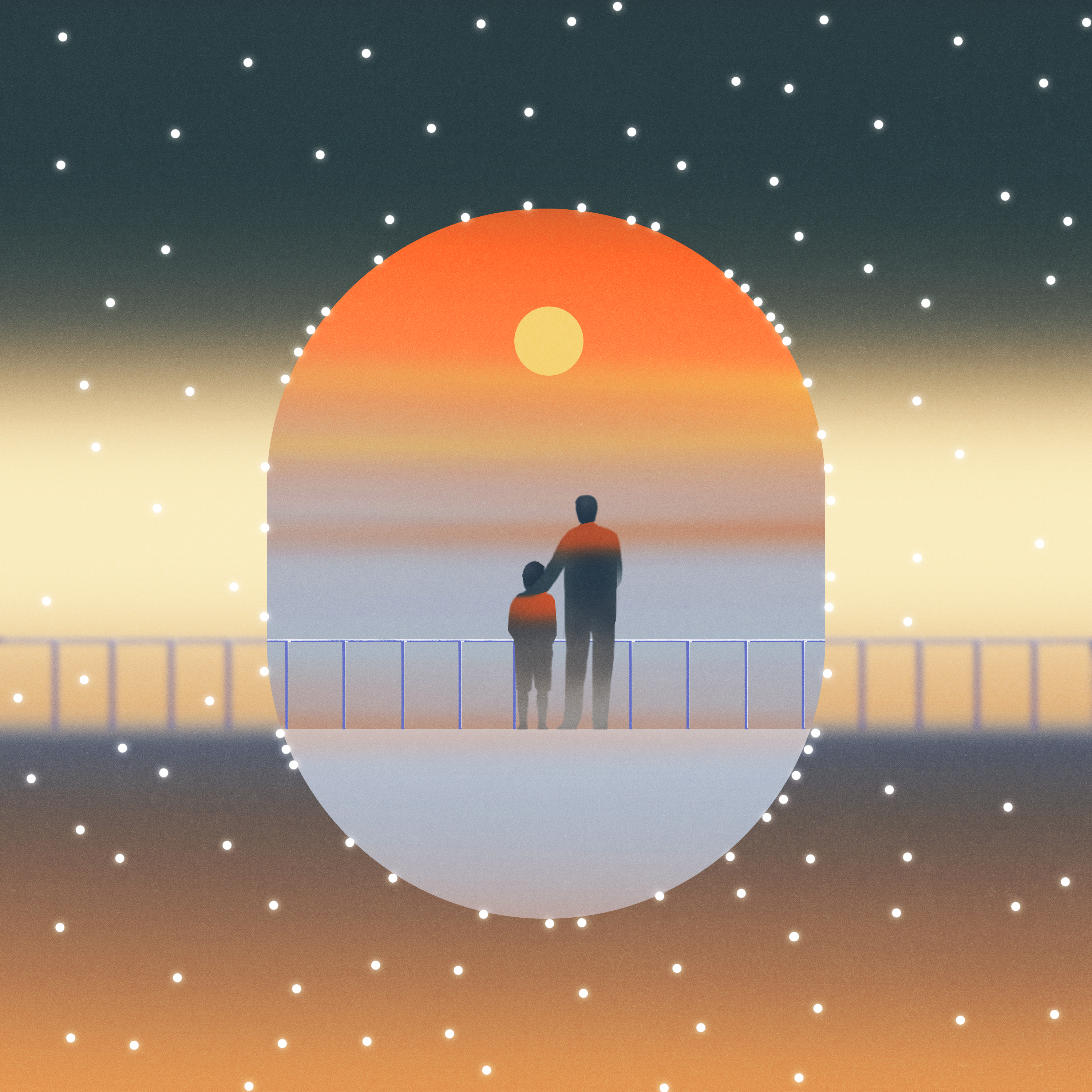 Two figures stand on a balcony under an orange sunset with stars in the sky, creating a peaceful, dreamlike scene.