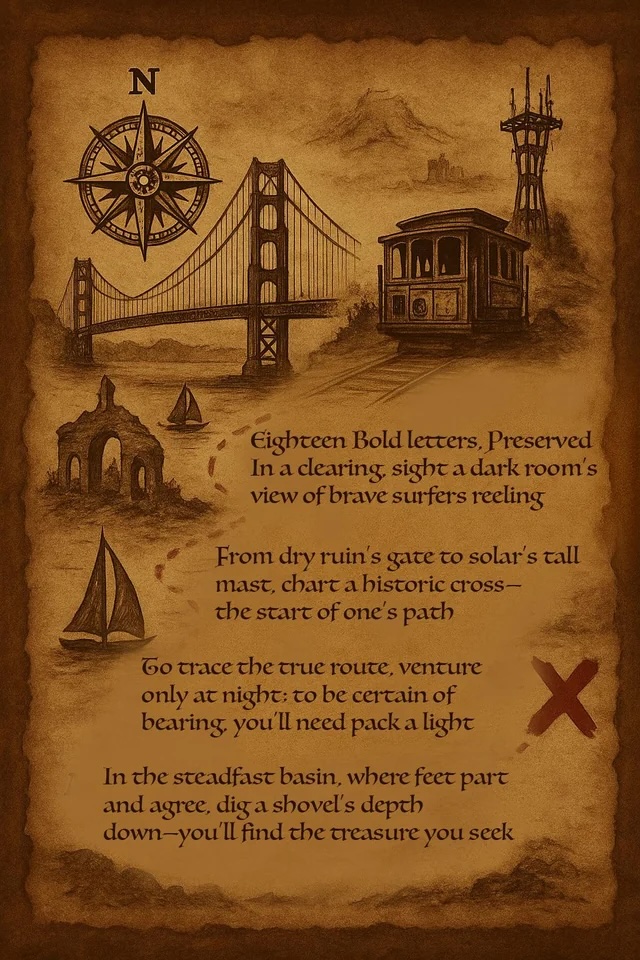This image is a treasure map with a compass, a bridge, a tower, a cable car, a sailboat, and a poem giving cryptic directions for finding a treasure.