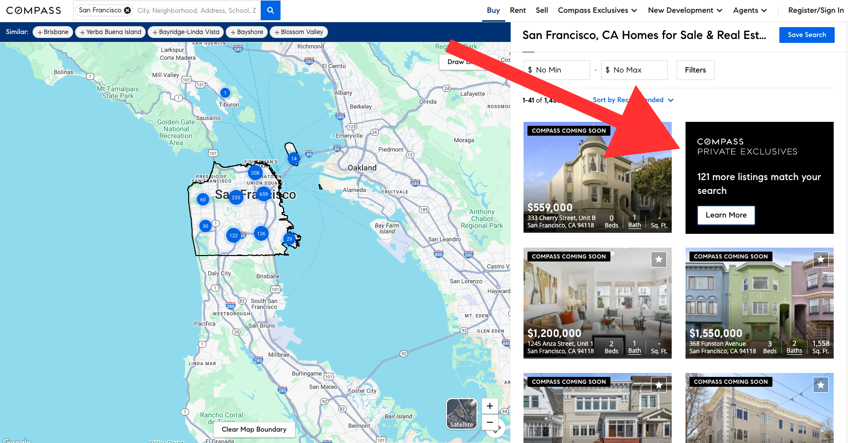 A real estate search page displays a map of San Francisco with property listings. A large red arrow points to a house priced at $559,000.