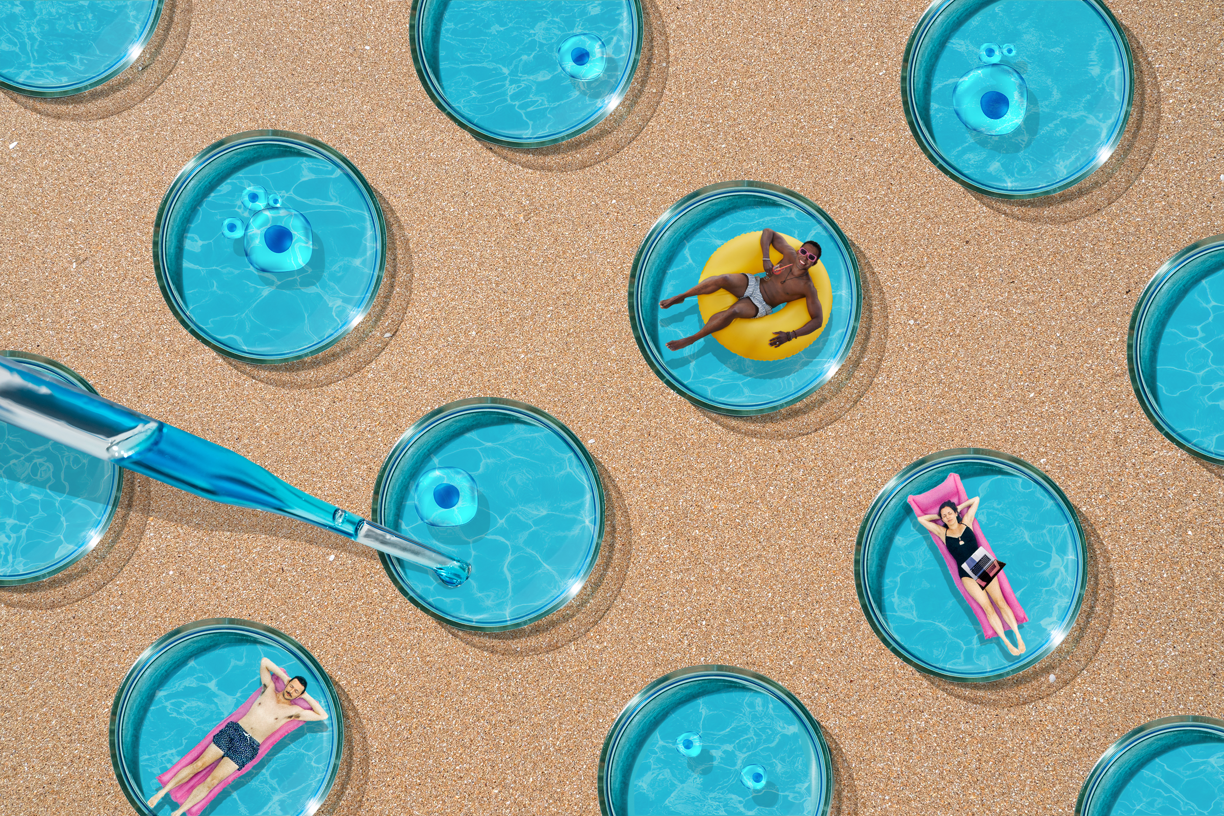 Petri dishes filled with blue liquid are on sand. Miniature figures on floats relax in some dishes, while a dropper adds liquid to one.