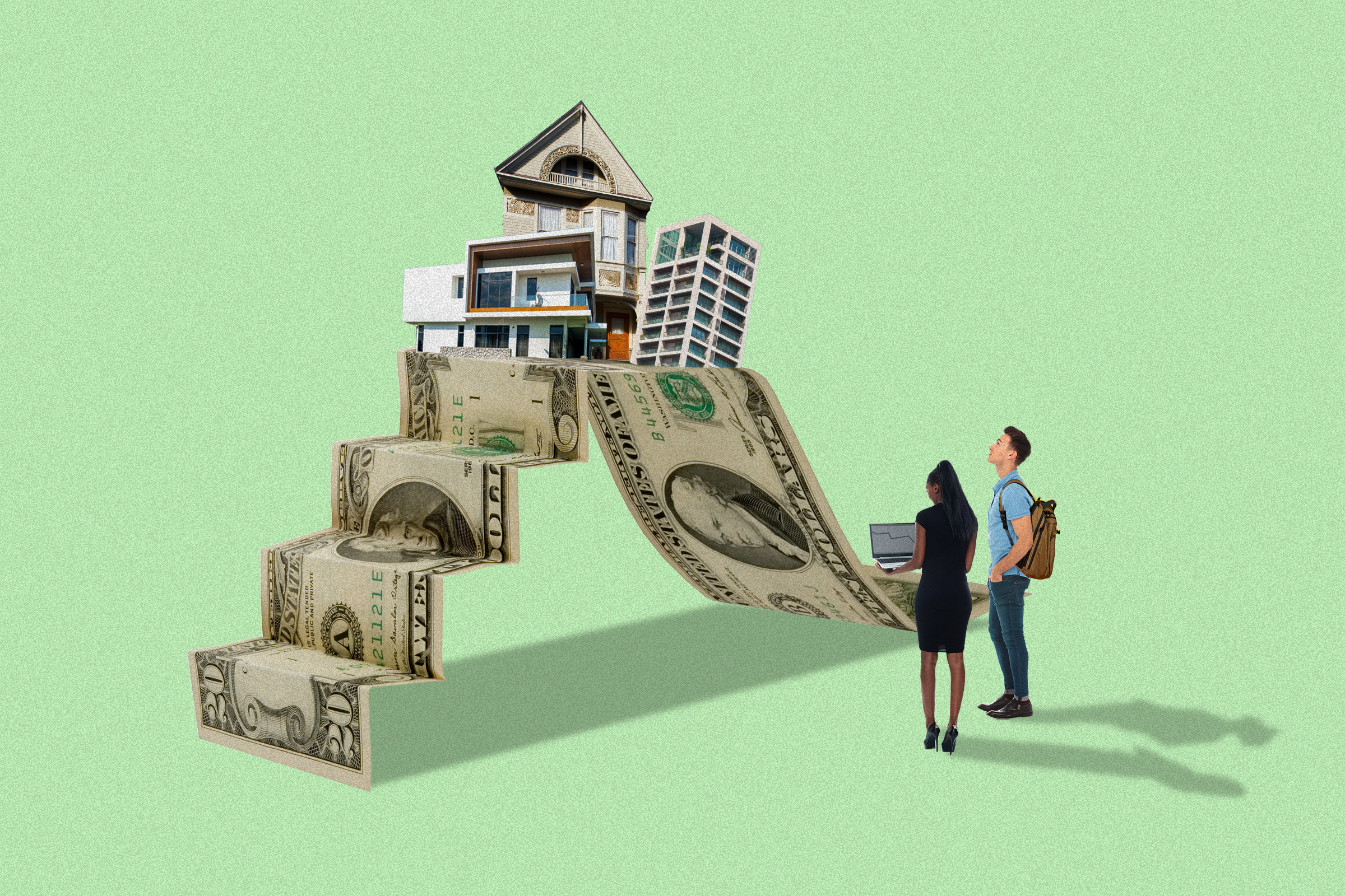 Two people stand on a green background, facing a staircase made of dollar bills leading to various houses, symbolizing financial steps towards home ownership.