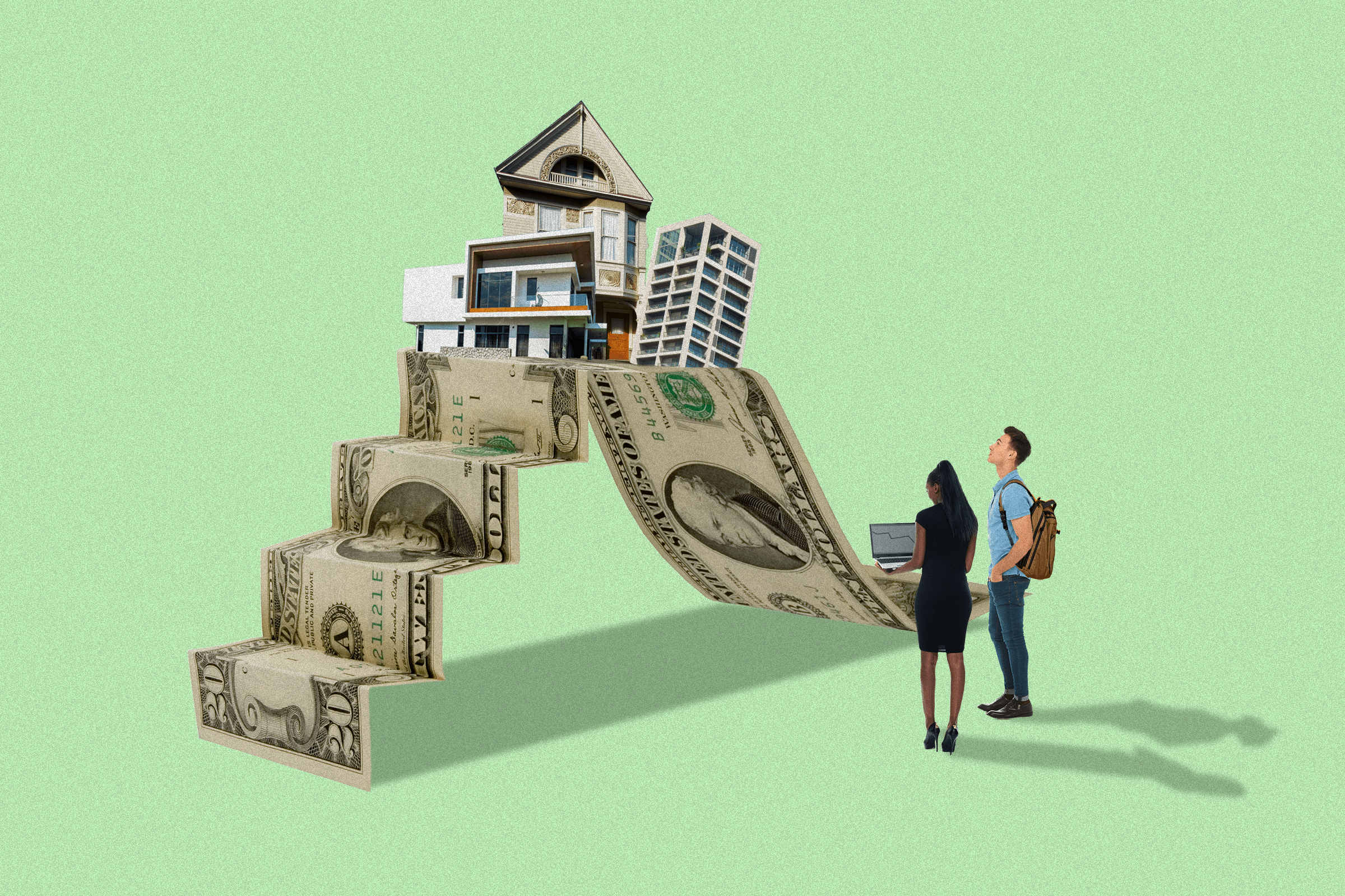 Two people stand on a green background, facing a staircase made of dollar bills leading to various houses, symbolizing financial steps towards home ownership.