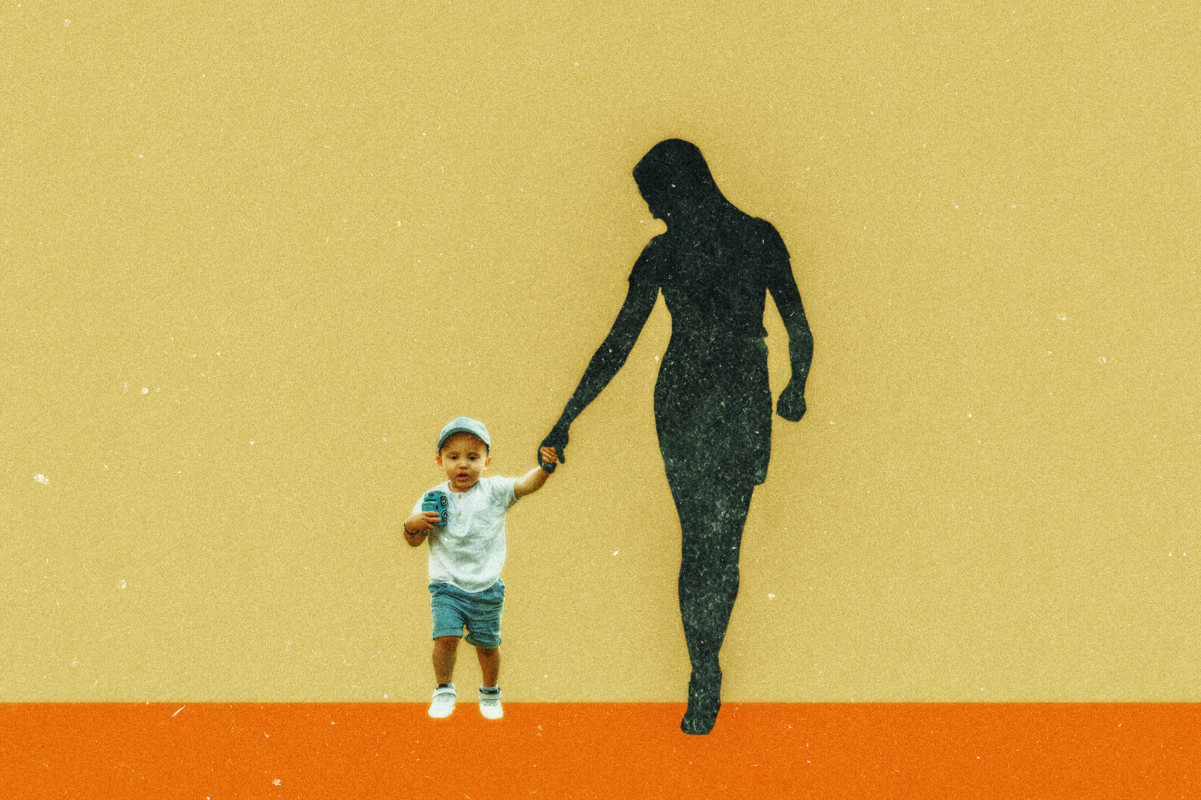 A child in a cap holds hands with the silhouette of an adult figure. The background is a textured mix of beige and orange tones.