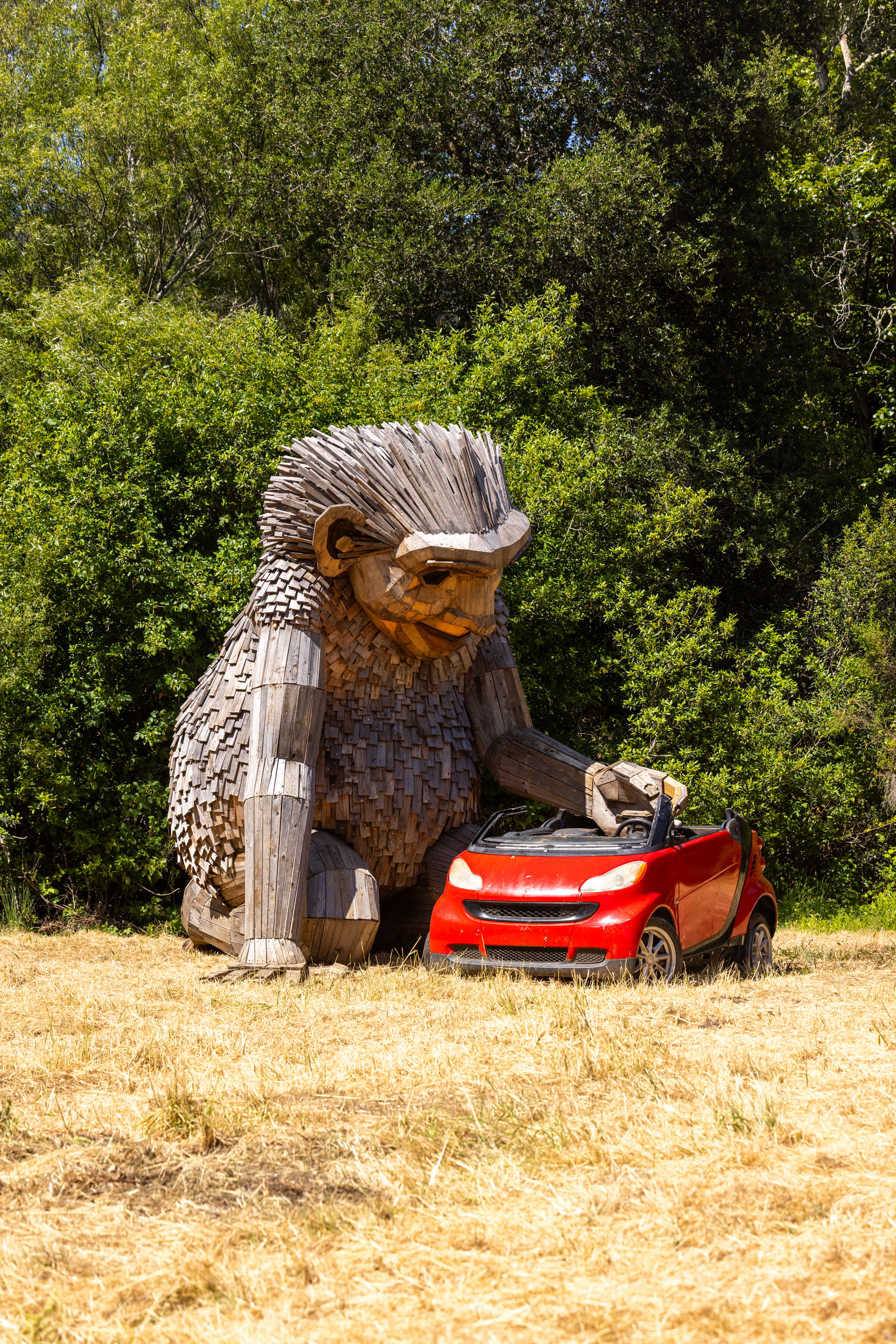 A large wooden sculpture resembling an ape is interacting with a small red car in a grassy area, surrounded by lush greenery.