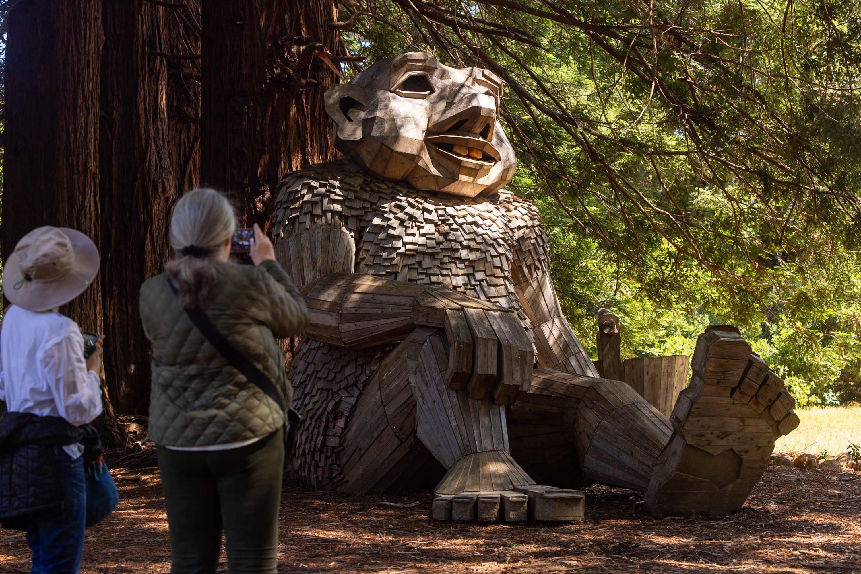 Two people take photos of a large wooden troll sculpture in a forest, surrounded by tall trees and dappled sunlight.