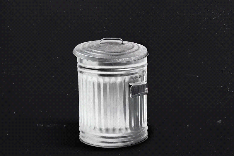 A silver trash can with a lid shakes slightly, tilts, then a raccoon pops out. The background is dark, enhancing the shiny metal of the can.