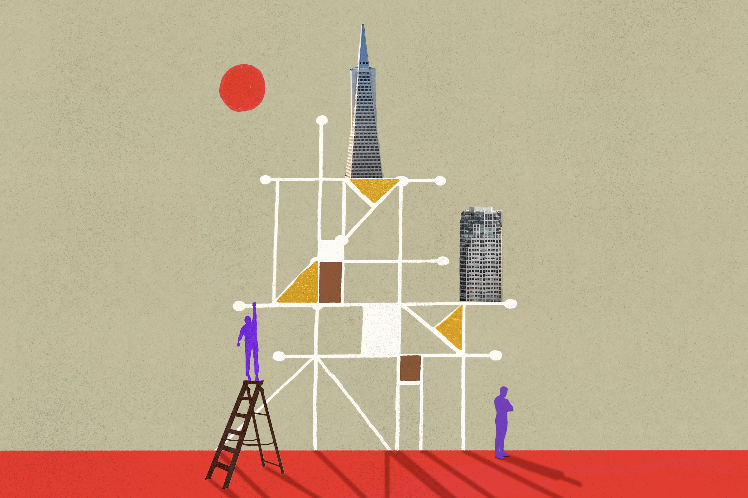 The image shows two silhouetted figures interacting with a geometric, abstract structure. One stands on a ladder, and there's a red circle in the sky, resembling a sun.