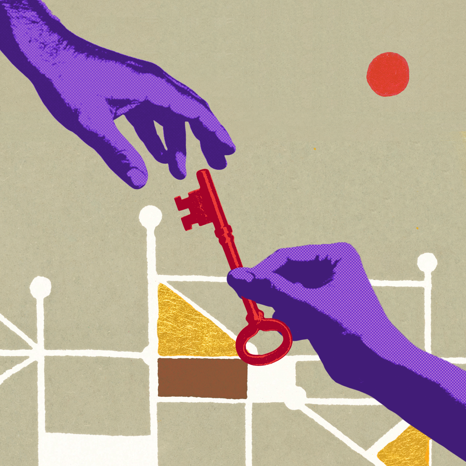 Two purple hands exchange a red key against a geometric background with a red dot and gold and brown triangles on beige.