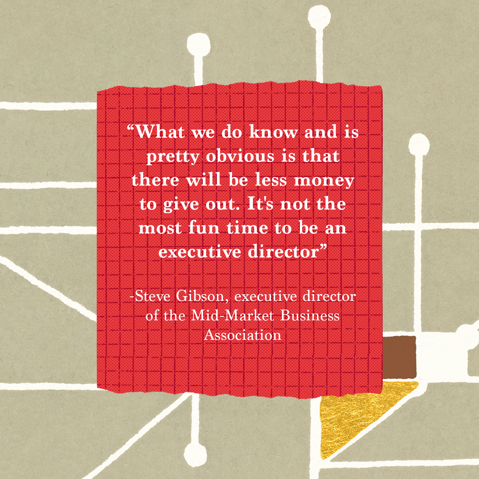 The image shows a red grid-patterned rectangle on a gray background with white lines and shapes. It contains a quote about financial challenges by Steve Gibson.