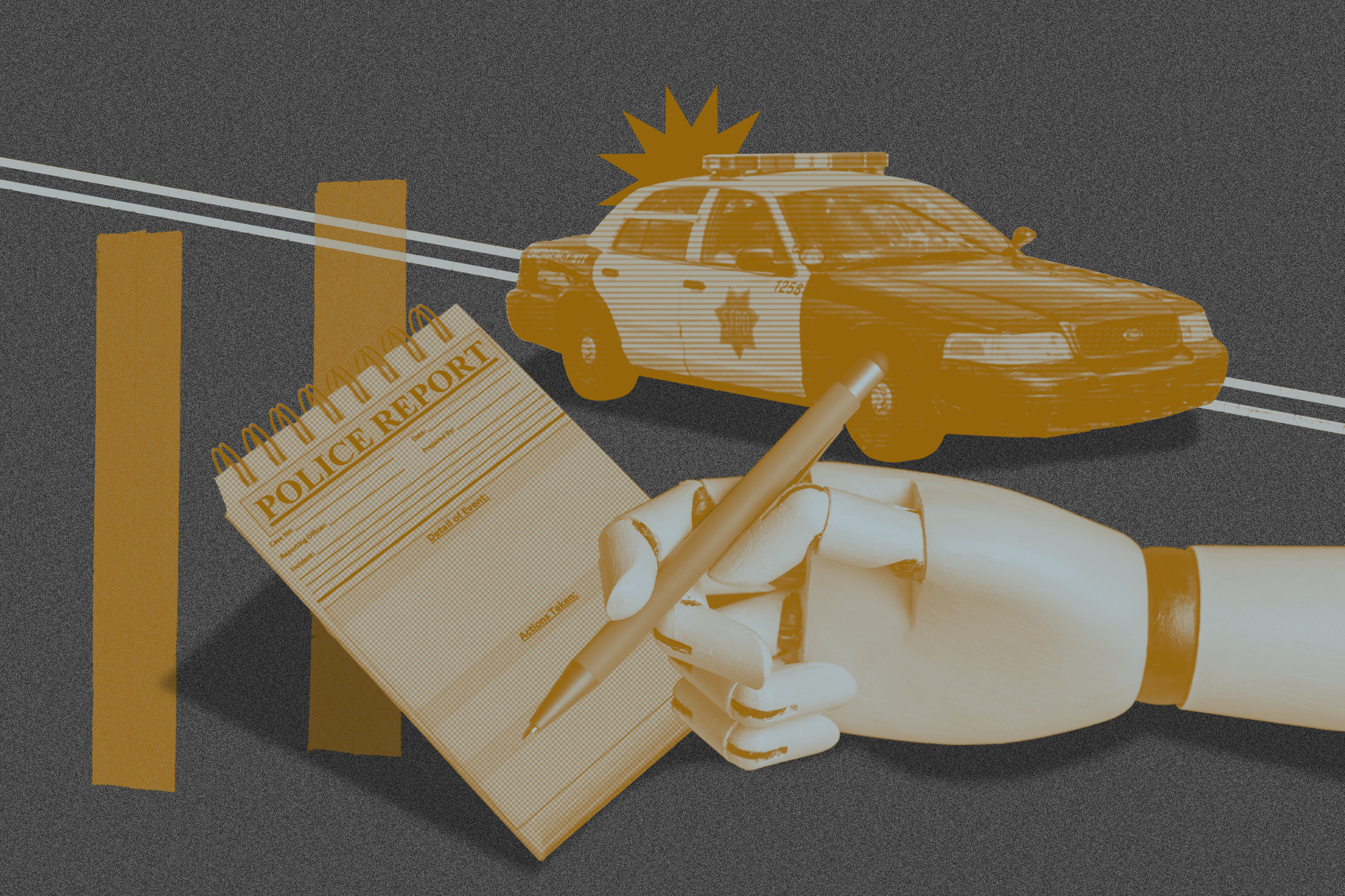 The image shows a robotic hand writing on a police report with a pencil. In the background, there's a police car and stylized lines on a gray textured surface.