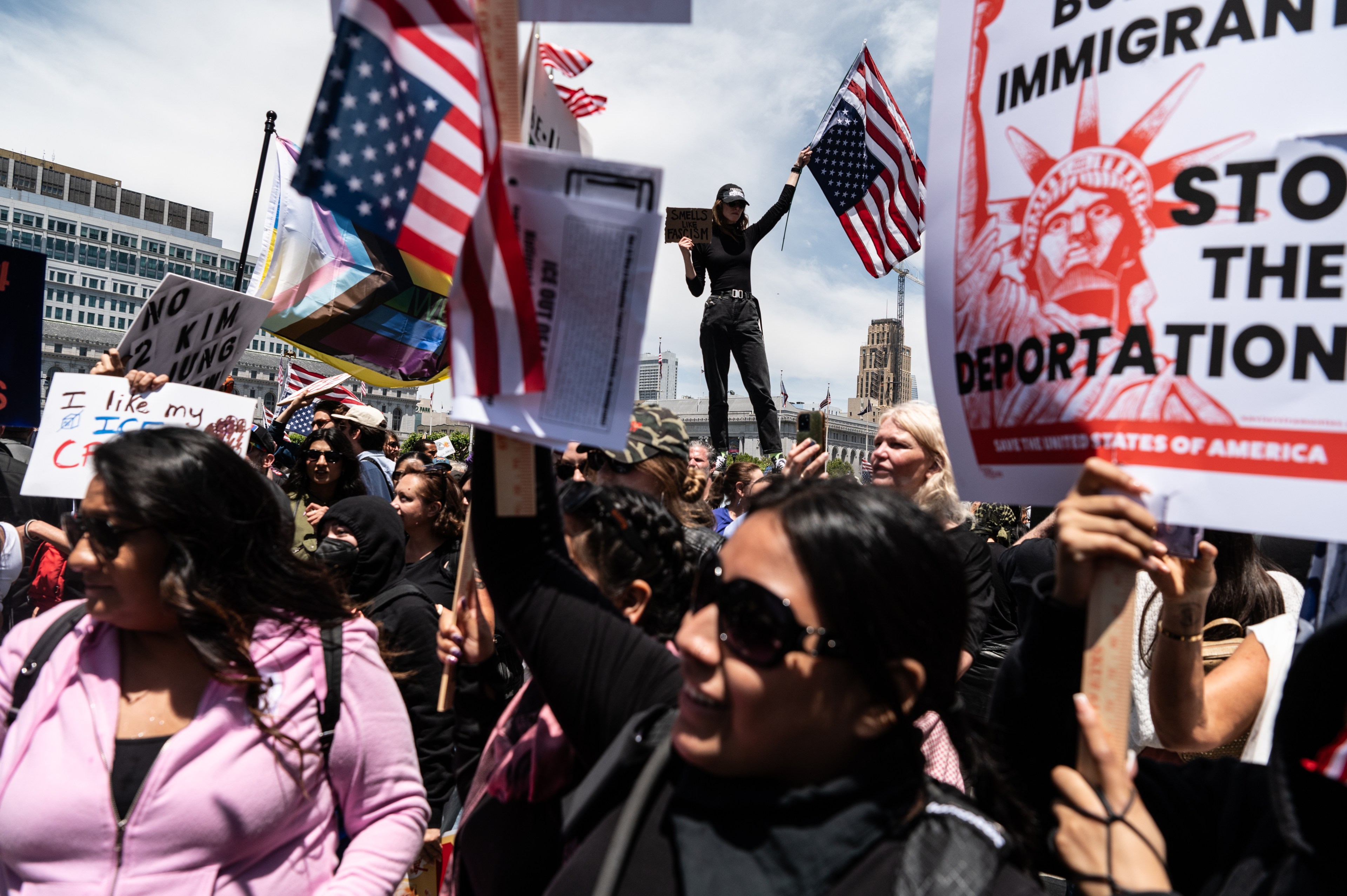 A large crowd is gathered in a protest, with people holding various signs and American flags. One person stands elevated, prominently holding a flag.
