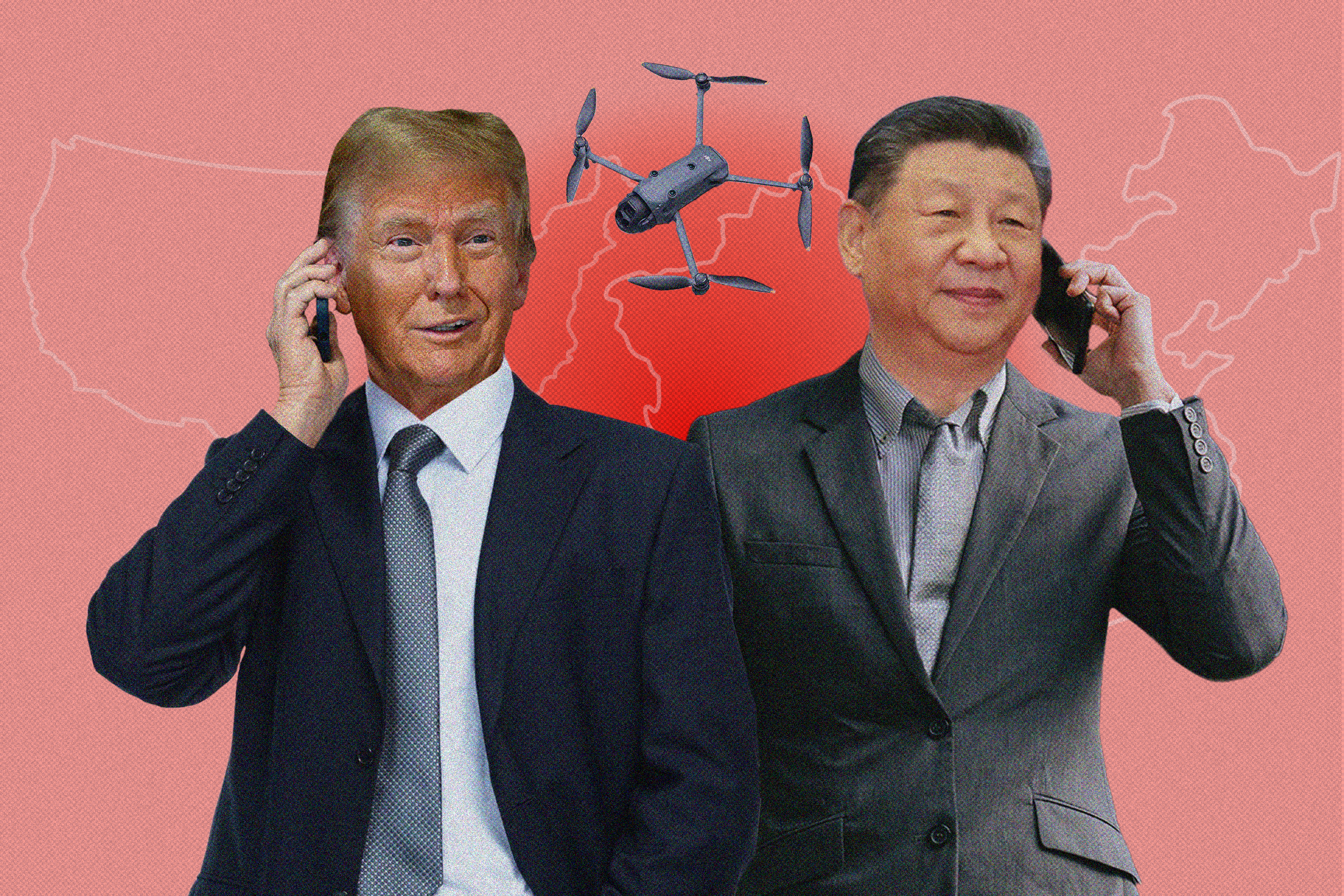 Two men in suits are on phones against a red background with outlines of the U.S. and China. A drone hovers between them.