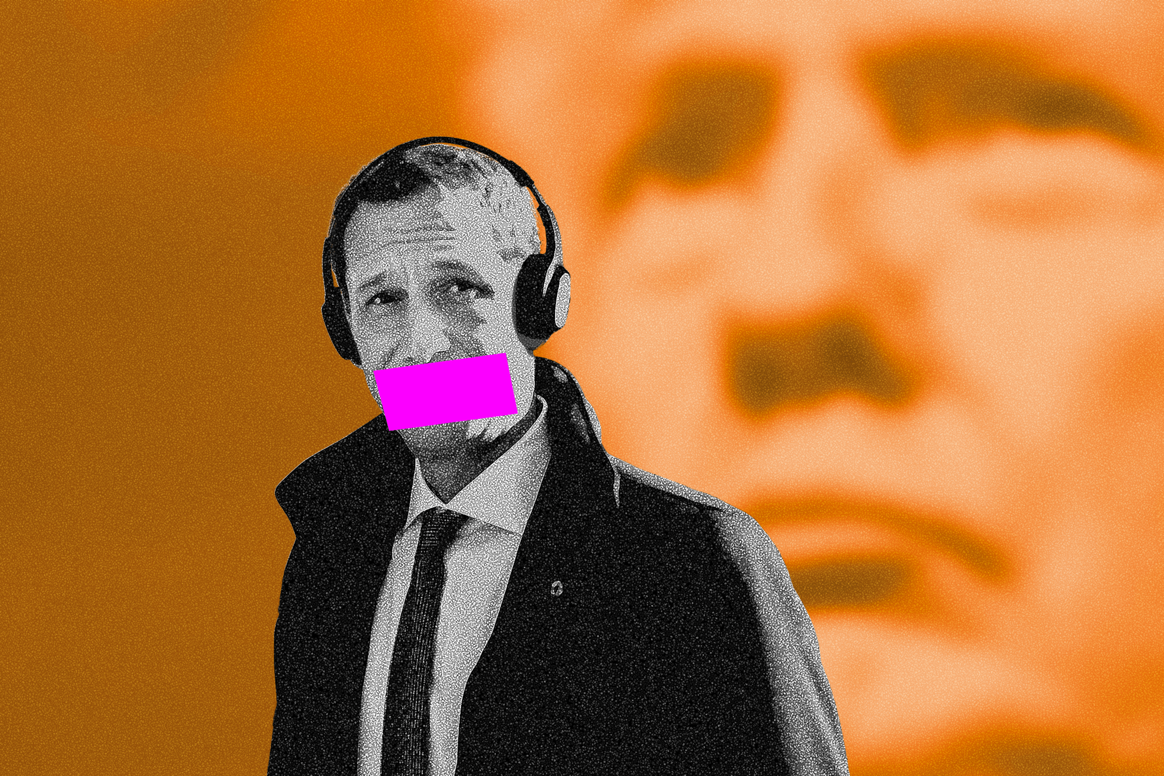 A man wearing headphones and a suit has his mouth covered by a pink rectangle. The background features a large, blurred orange face.