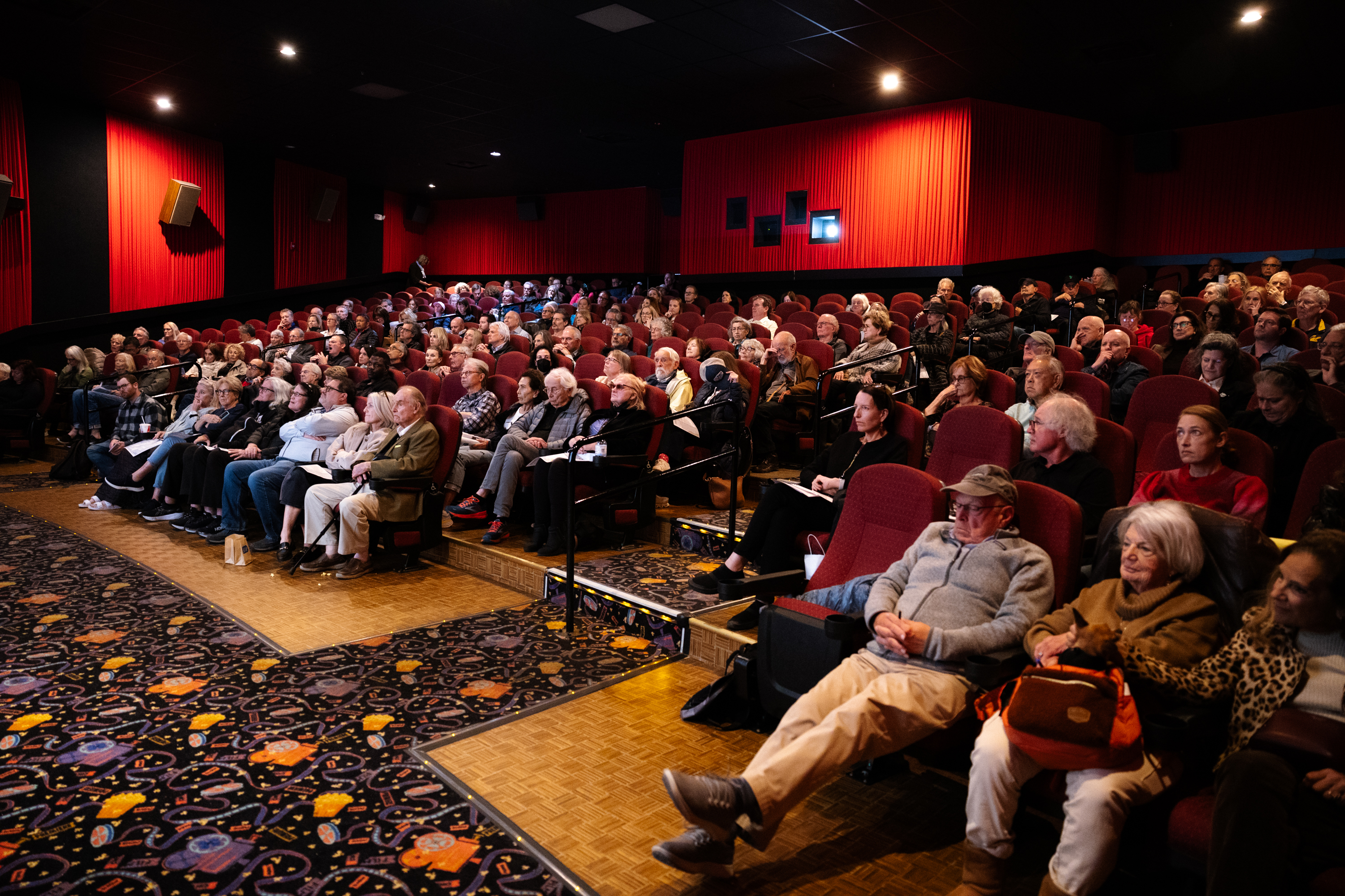 A large group of people is seated in a dimly lit theater, attentively facing forward. The audience spans various ages, seated in red chairs with vibrant carpeting.