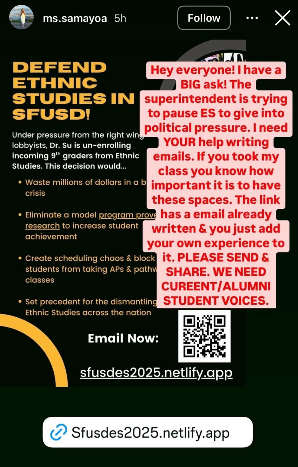 The image is a call to action to defend ethnic studies in SFUSD, urging people to write emails against proposed changes. It highlights potential negative impacts.