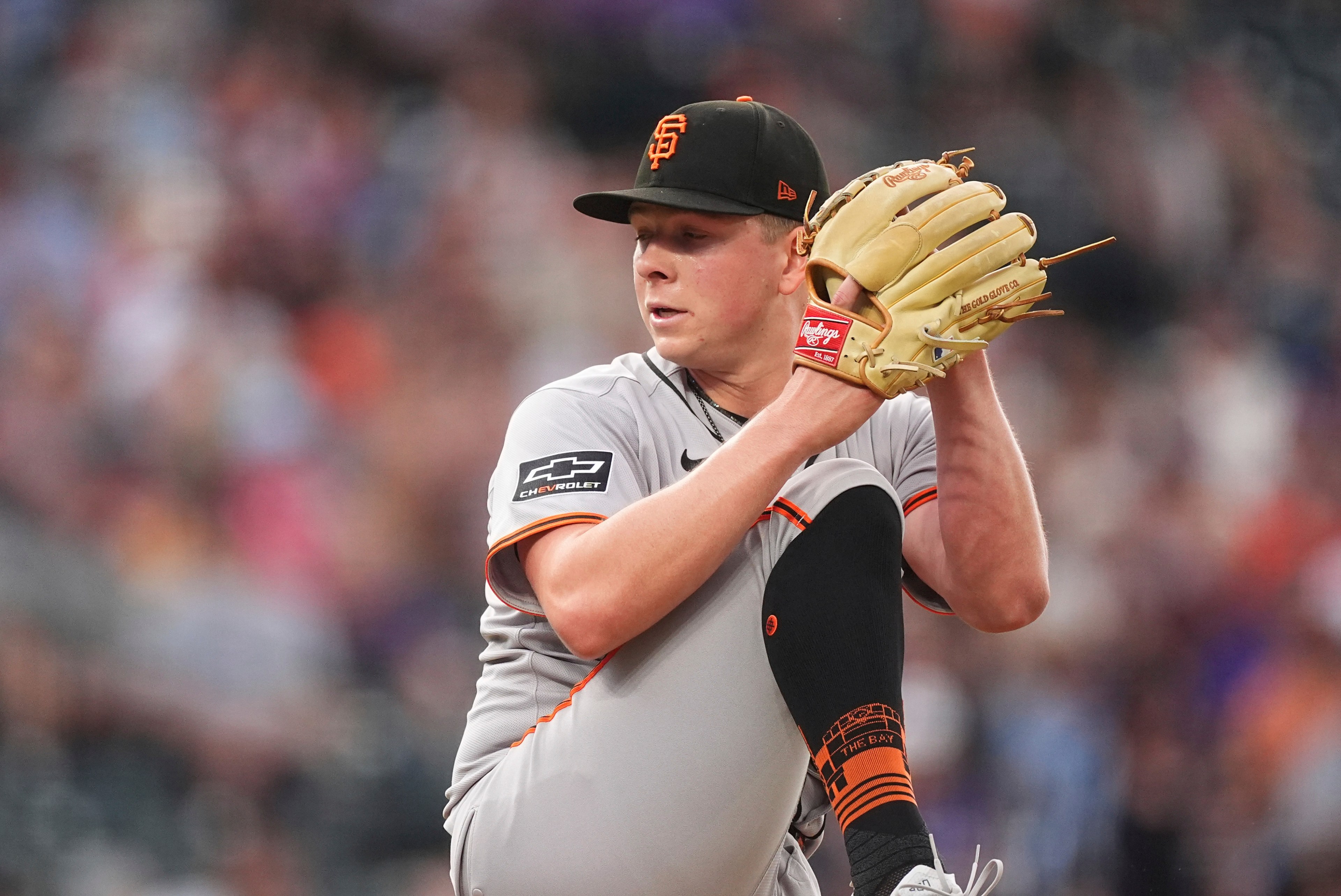 A baseball player in a gray uniform and black cap is pitching, holding a glove, with one knee raised. He's focused, with a blurred crowd behind him.