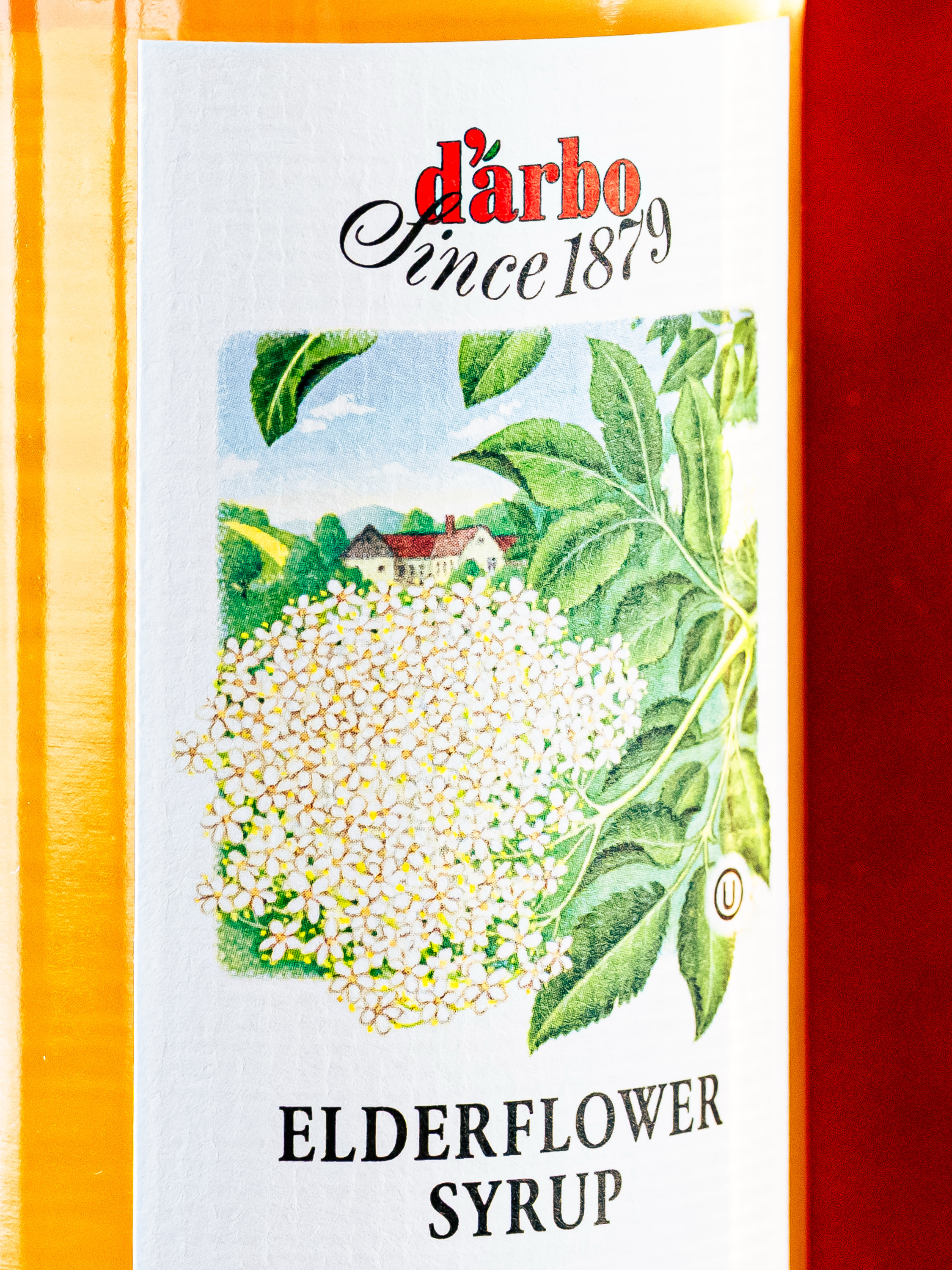 The image shows a bottle of elderflower syrup labeled &quot;d'arbo since 1879.&quot; It features floral illustrations and a scenic background on a red backdrop.