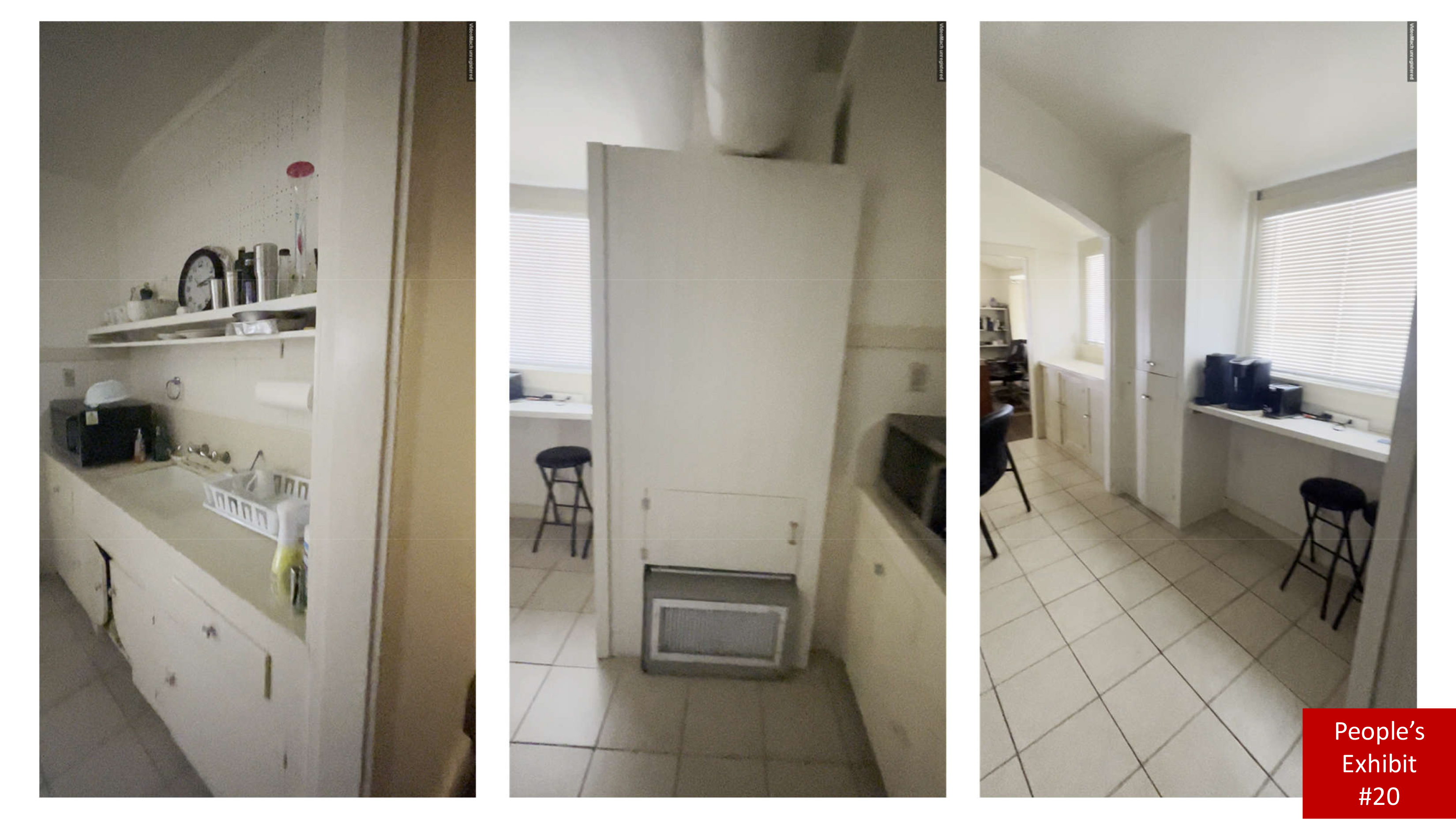 The image shows a narrow kitchen with white cabinetry and countertops. A black microwave, a dish rack, and various items are on the counter. A stool sits near a window.
