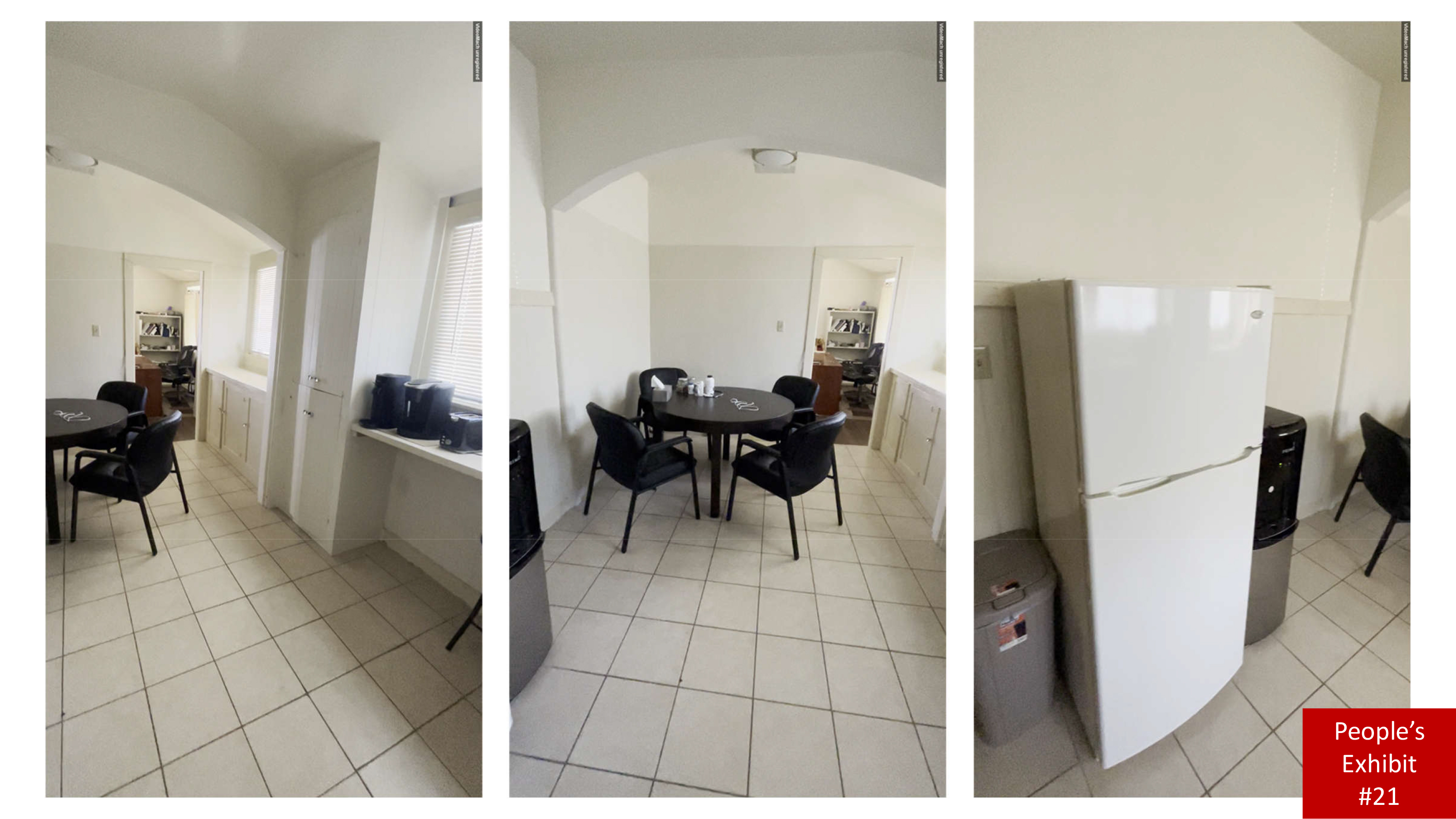 The image shows a small kitchen with a round table and four chairs, a white refrigerator, a water cooler, and a coffee maker on a counter.