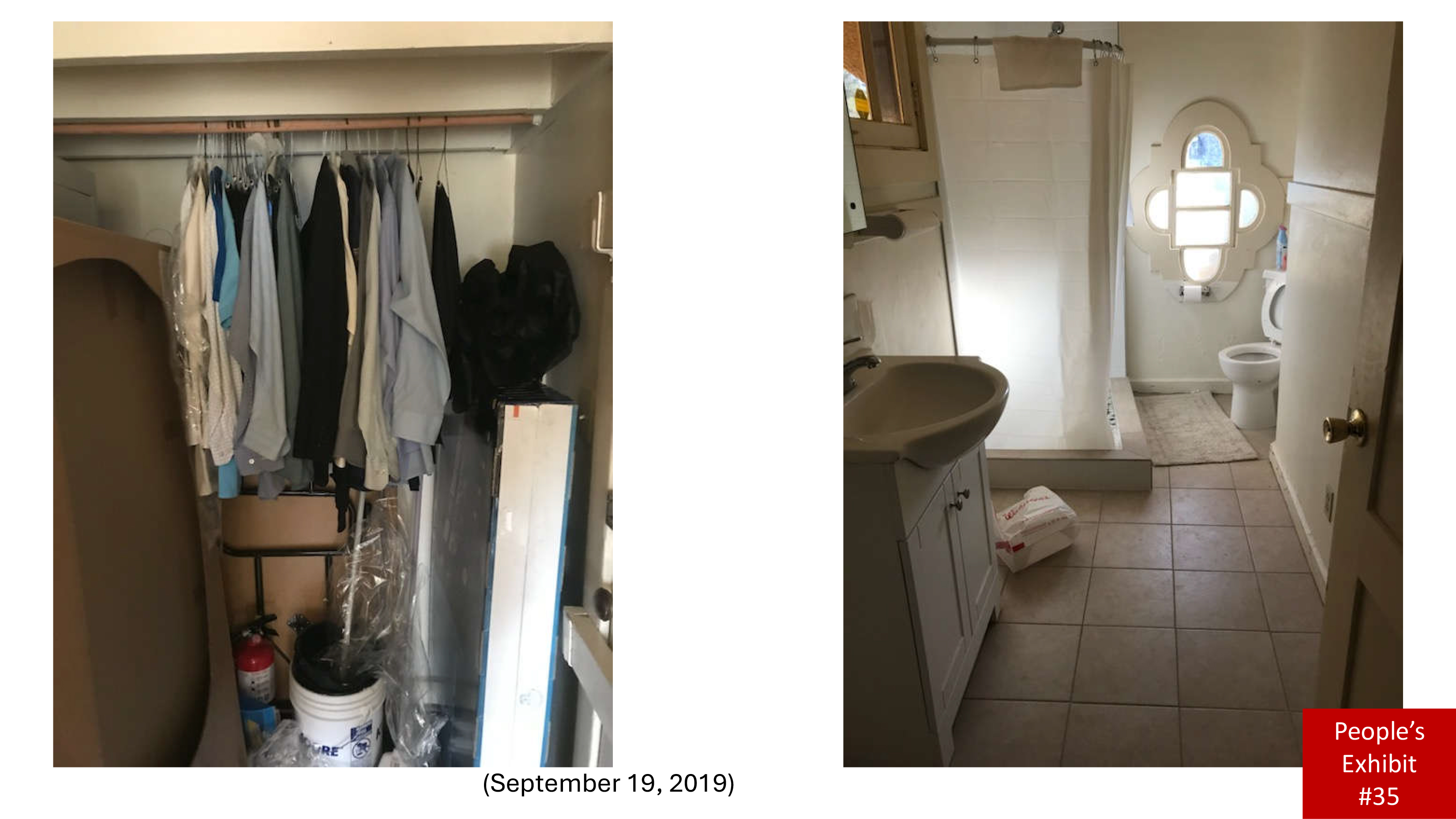 The image shows a closet and a bathroom. The closet is filled with hanging clothes and a few items on the floor. The bathroom has a sink, shower, and toilet.