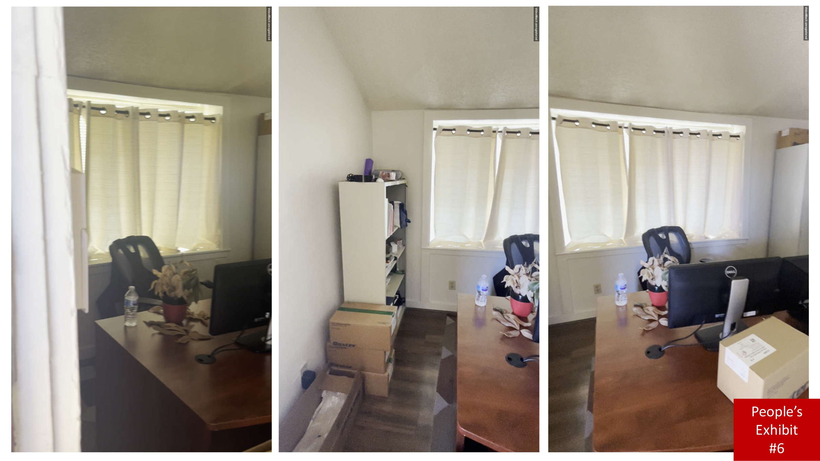 The image shows a small office with a desk, chair, computer monitor, potted plant, and water bottle. A shelf with items and boxes is along one wall, under curtained windows.