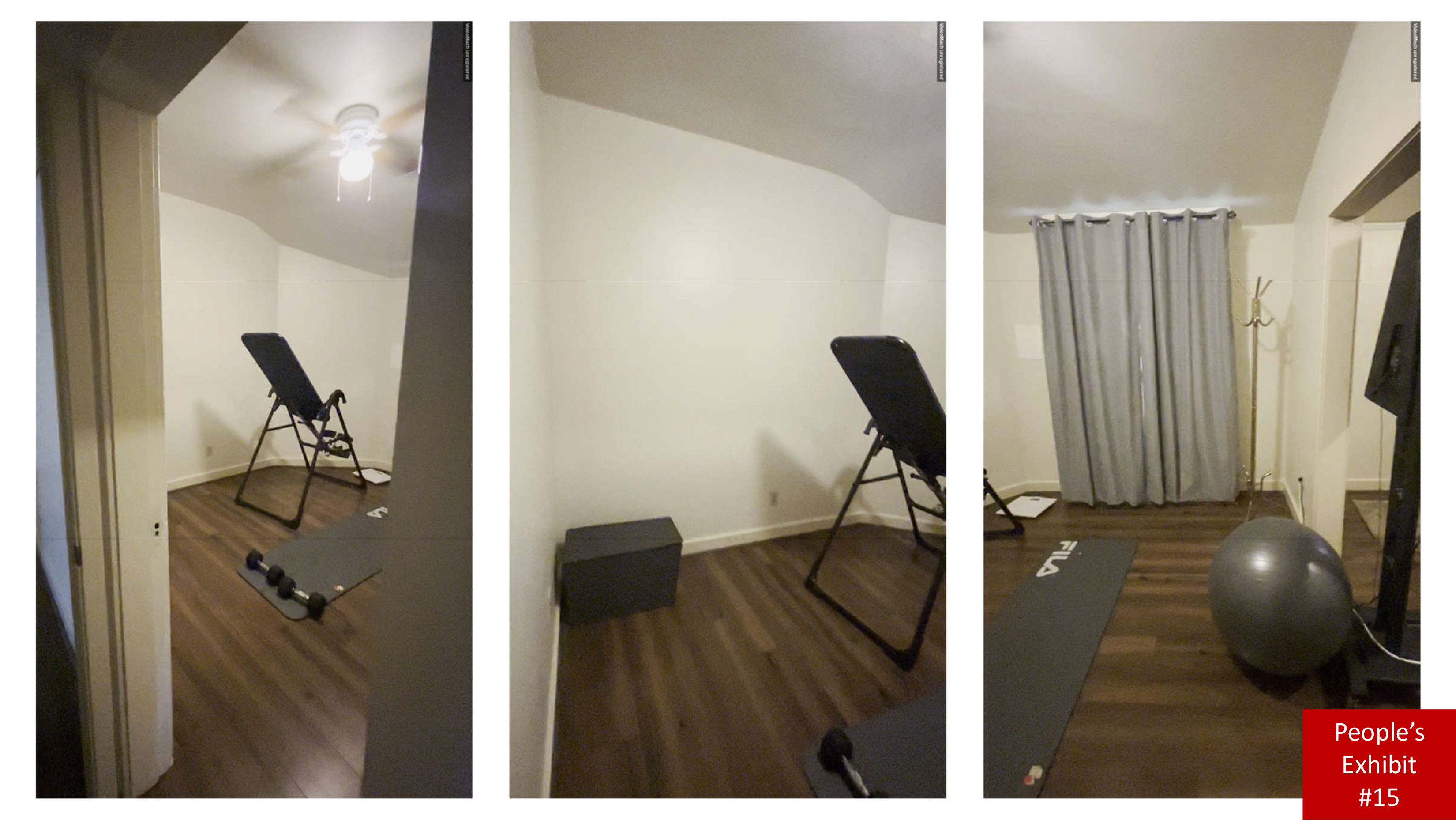 The image shows a small exercise room with an inversion table, a yoga mat, dumbbells, a stability ball, gray curtains, a ceiling fan, and wooden flooring.