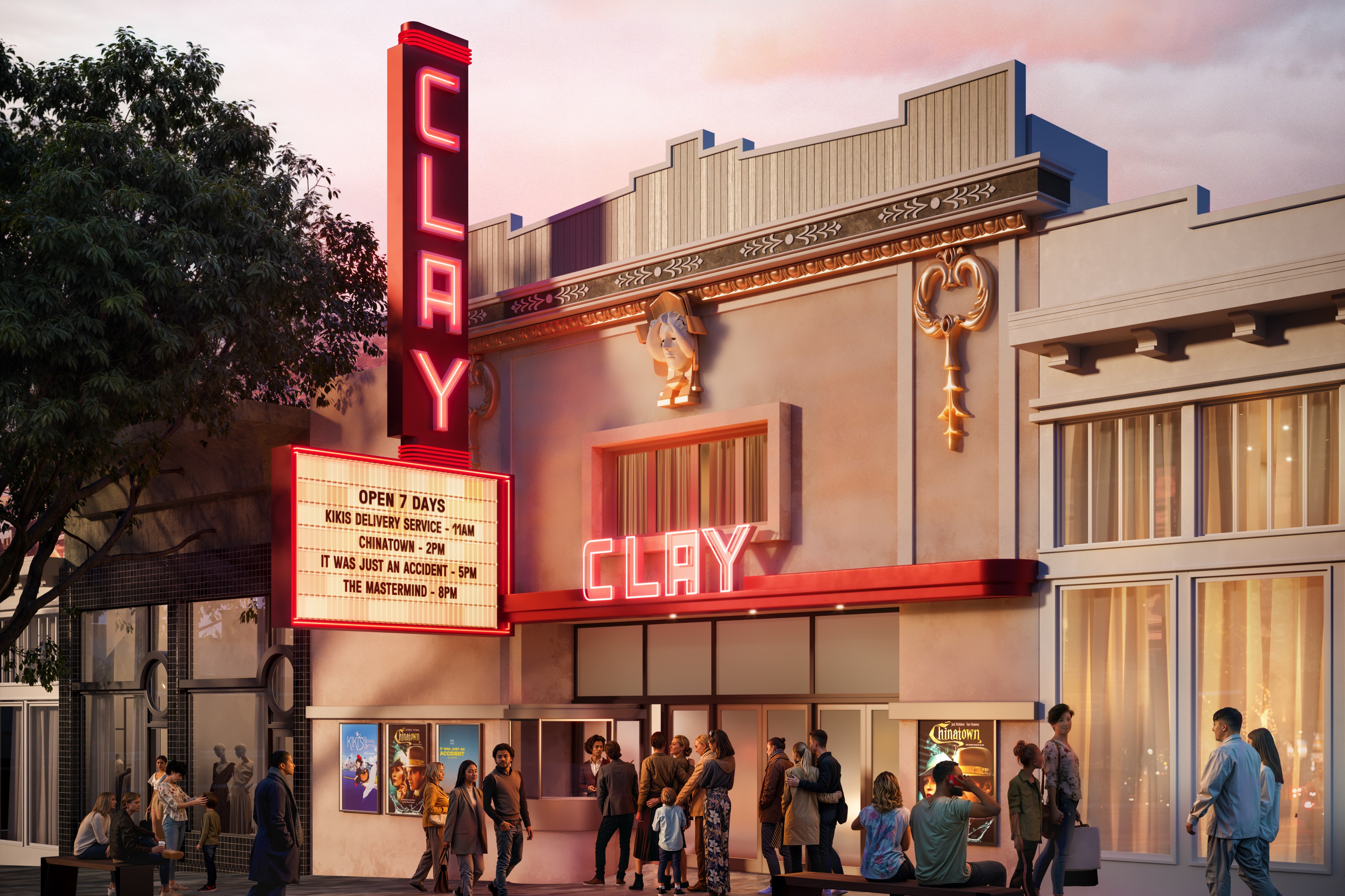 A small cinema with a retro design named "CLAY" is shown, featuring a red neon sign and marquee. A group of people gather outside, under a cloudy evening sky.